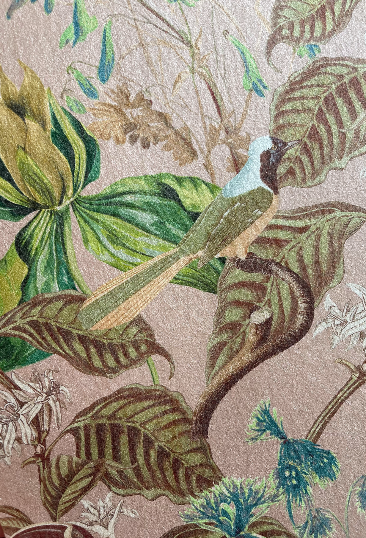 An image of luxurious Deus ex Gardenia Aviary Wallpaper in Cinder Rose pink featuring a bird perched on a leafy branch.