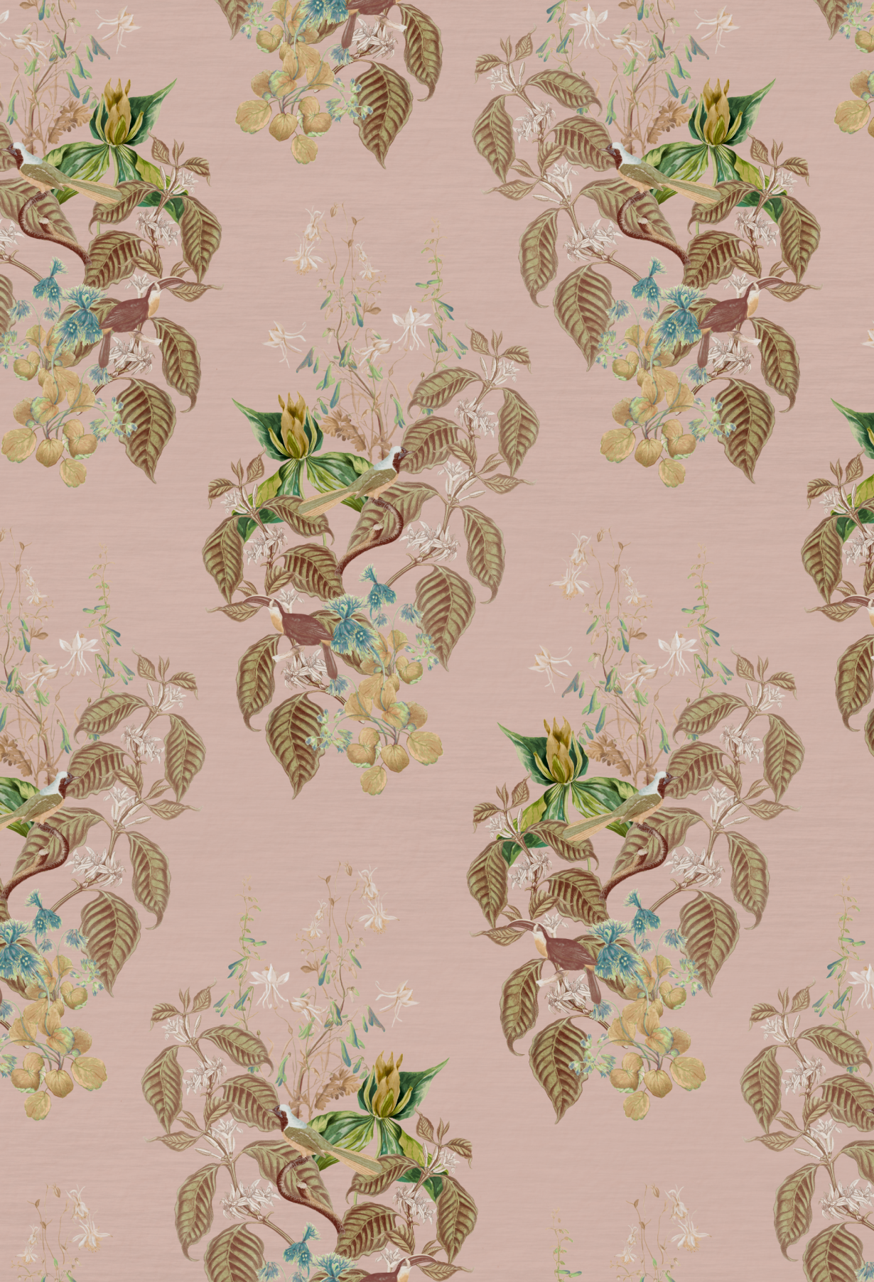 Luxury Aviary Isle Wallpaper in Cinder Rose Pink from Deus ex Gardenia with birds and flowers.