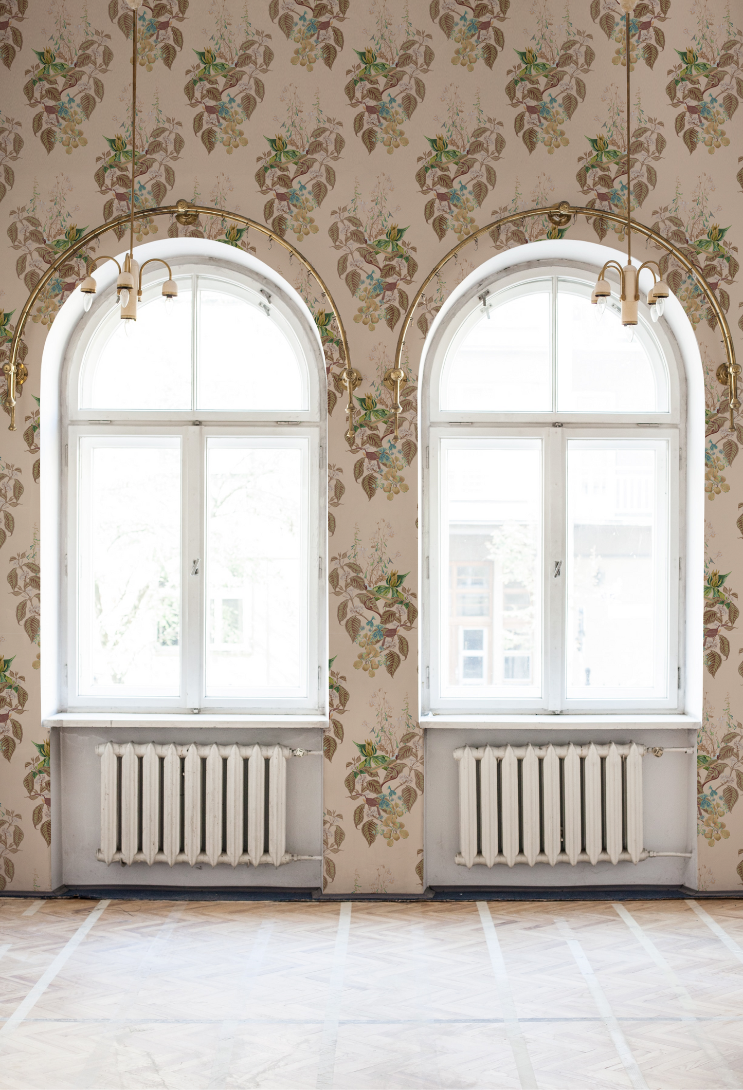 Two large windows surrounded by luxury Aviary Isle Wallpaper in Ecru by Deus ex Gardenia. Photo by Katie Luka.