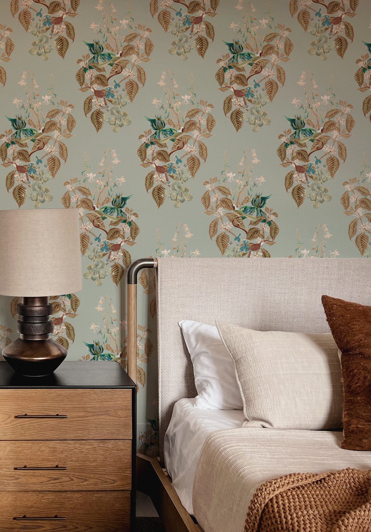 Modern bedroom with lamp surrounded by Aviary Isle botanical wallpaper in Skylight blue from Deus ex Gardenia. Photo by MK-S.