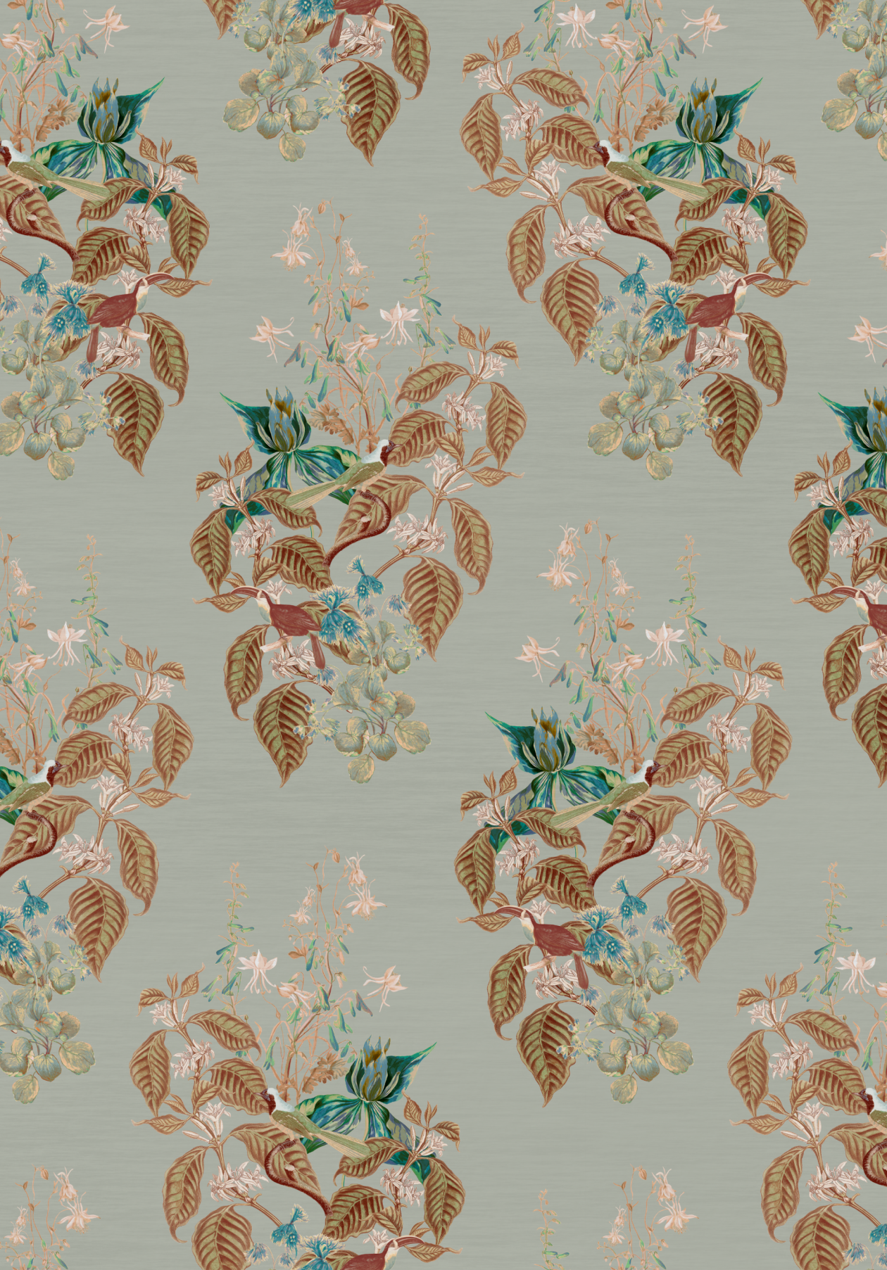 A luxurious patterned wallpaper of Aviary Isle Birds by Deus ex Gardenia in Skylight Blue.