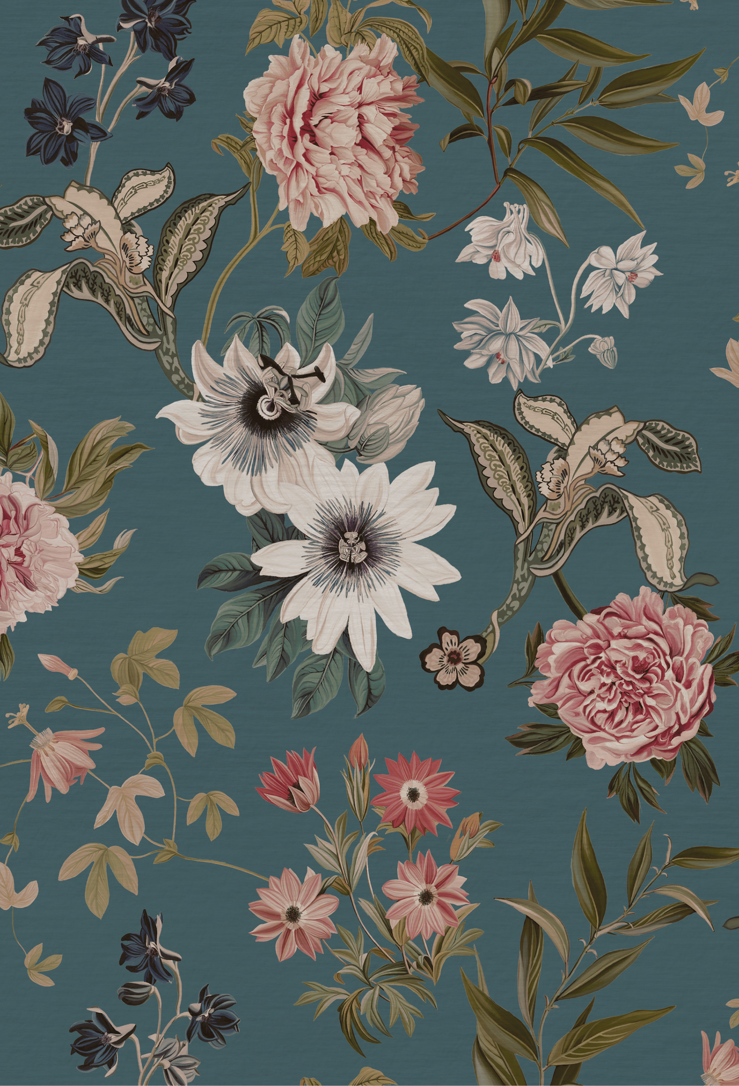 Botanical vintage flowers on a blue background from Deus ex Gardenia of Beechcraft Garden Wallpaper in Cerulean Blue.