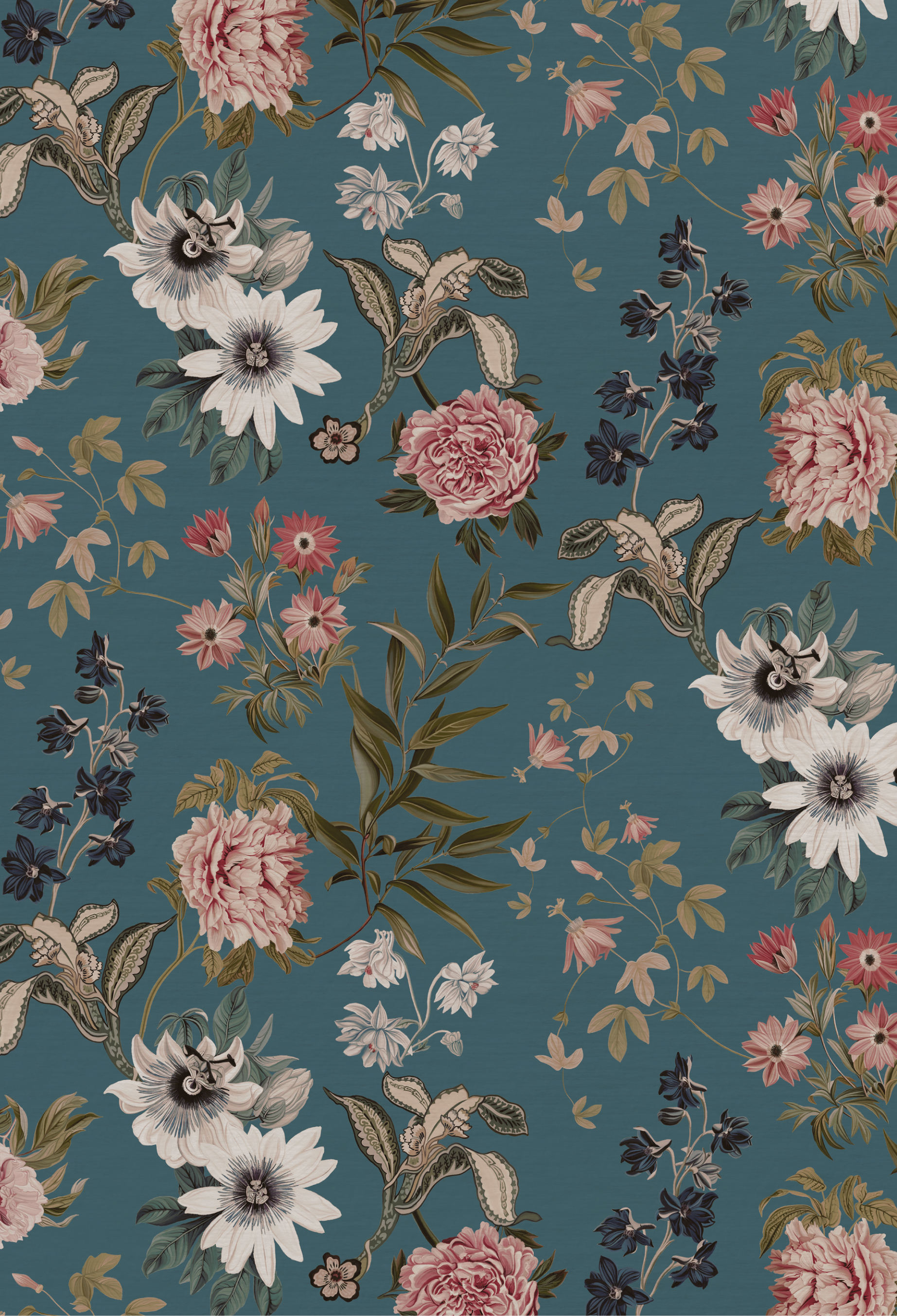 A pattern of painted antique flowers on a cerulean blue wallpaper from the Beechcraft Garden collection by Deus ex Gardenia.