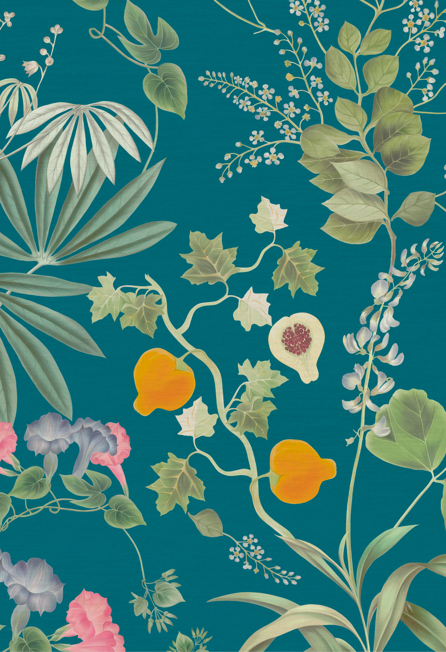 A luxurious Deus ex Gardenia Eden Wallpaper in Cornflower Blue with blue floral patterns and green leaves.