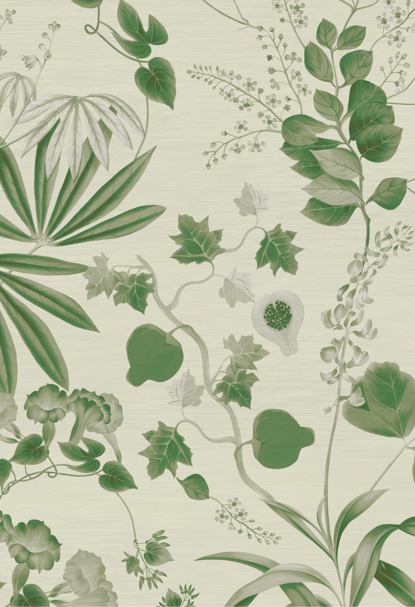 Leaves and Flowers surrounding fruit in green from Deus ex Gardenia of Eden Wallpaper in Fern. 