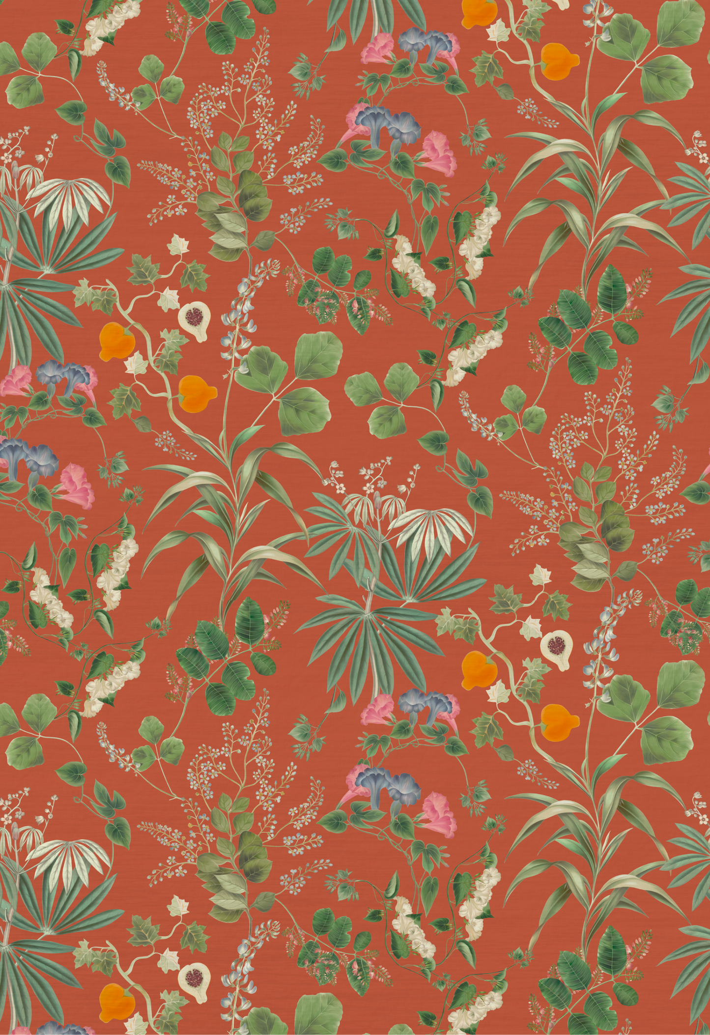 Green Leaves and orange fruit pattern of Eden Wallpaper in Marigold by Deus ex Gardenia.