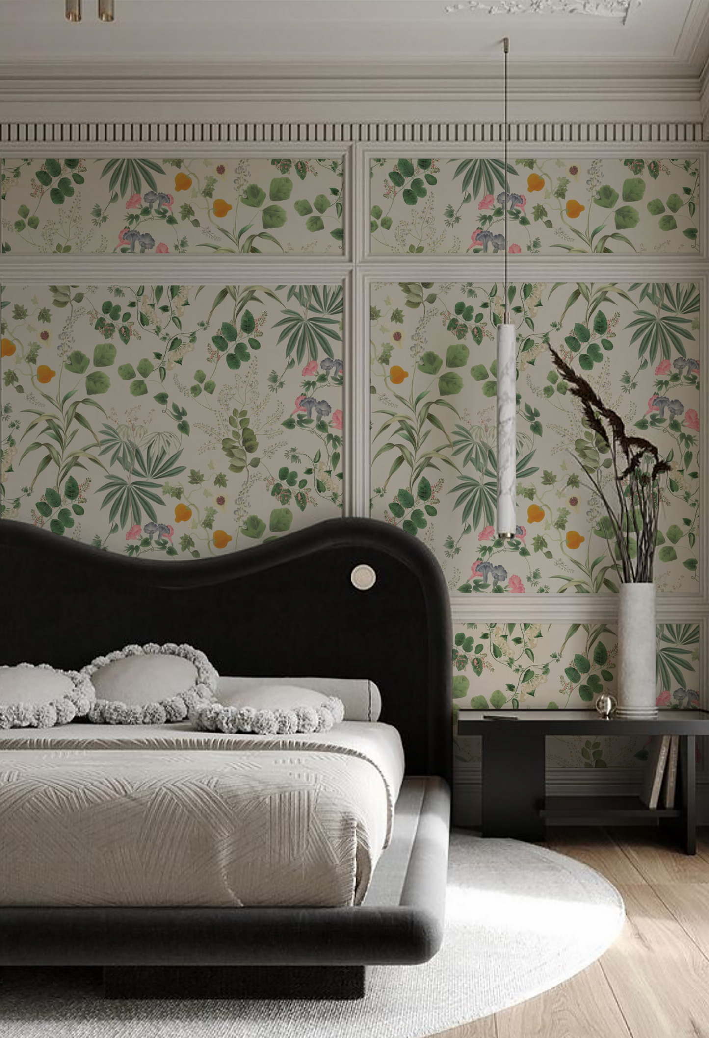 Luxury bedroom with botanical floral white wallpaper from Eden collection in Meadow from Deus ex Gardenia. Photo by HDM2 Architects.