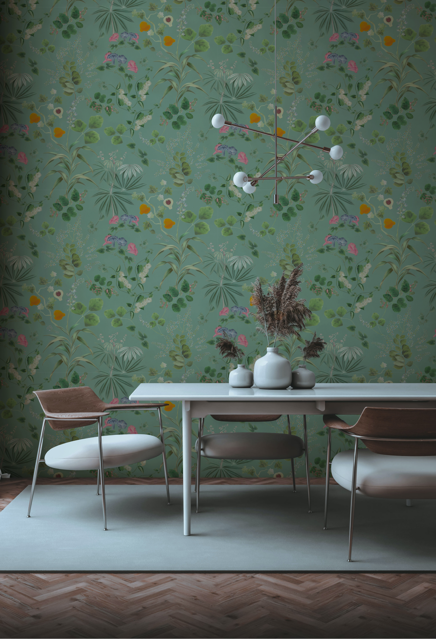 A luxury dining room of table and chairs surrounded by Eden Wallpaper in Spring green by Deus ex Gardenia. (Photo by Billy Jo Cabagan)