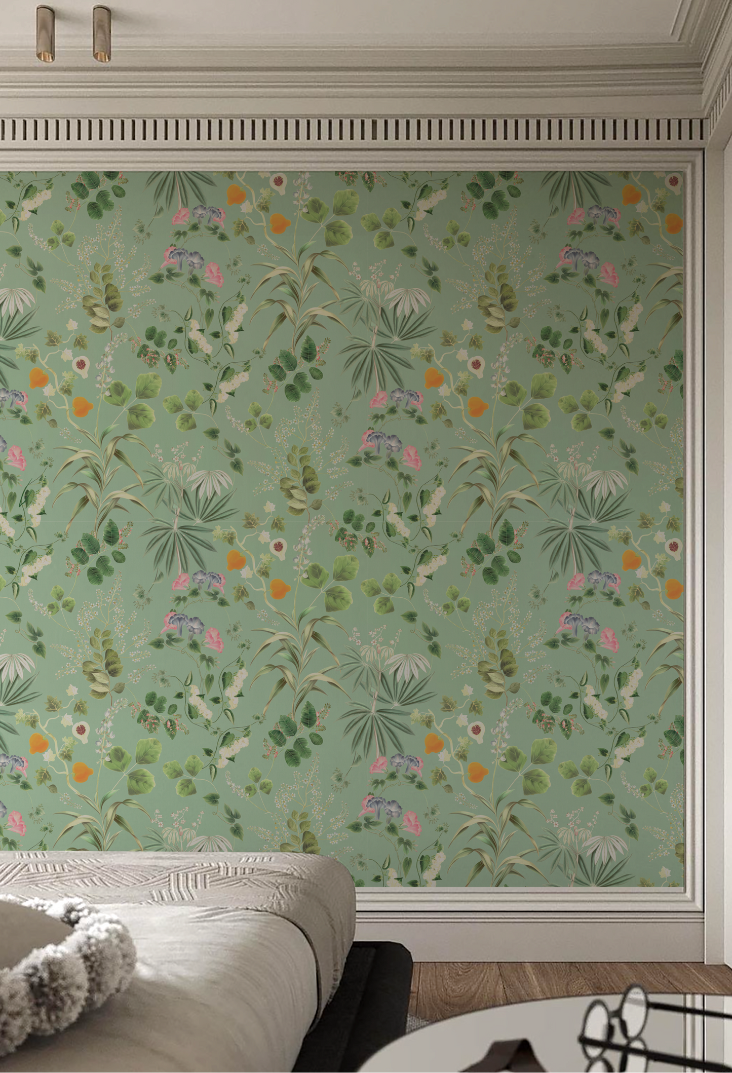 A modern room with a bed and a luxury Eden wallpaper in spring by Deus ex Gardenia. Photo by HDM2 Architects.