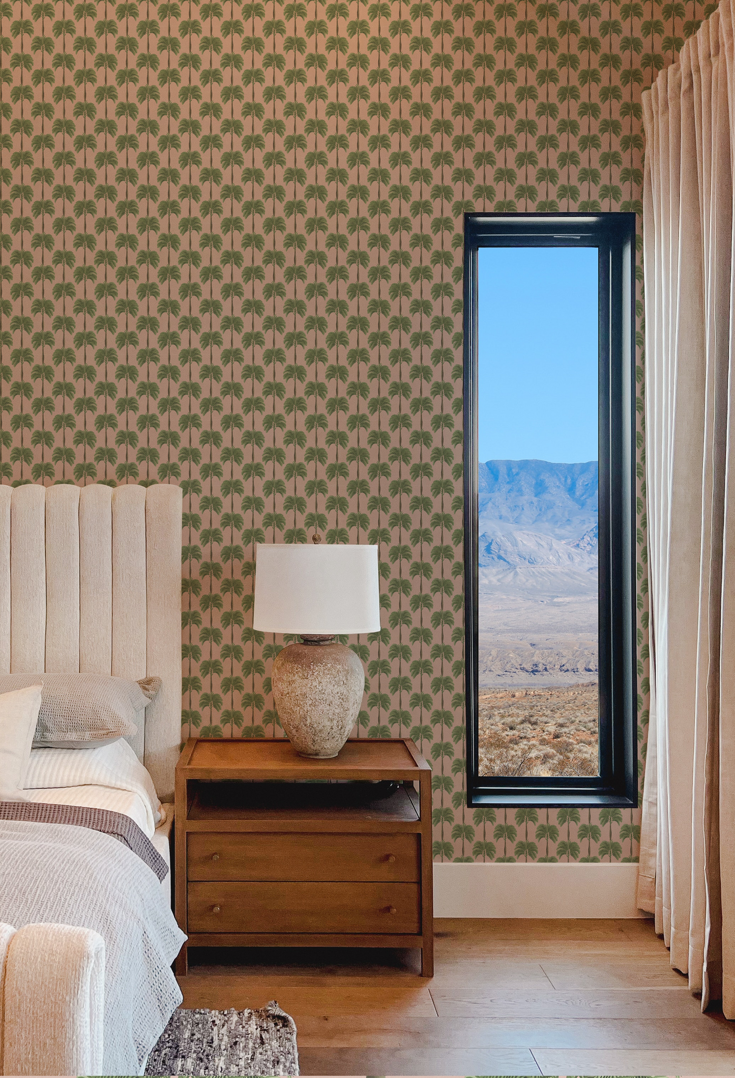 Modern bedroom with pink palm tree background, featuring luxury wallpaper by Deus Ex Gardenia of Little Palma in Flamingo.