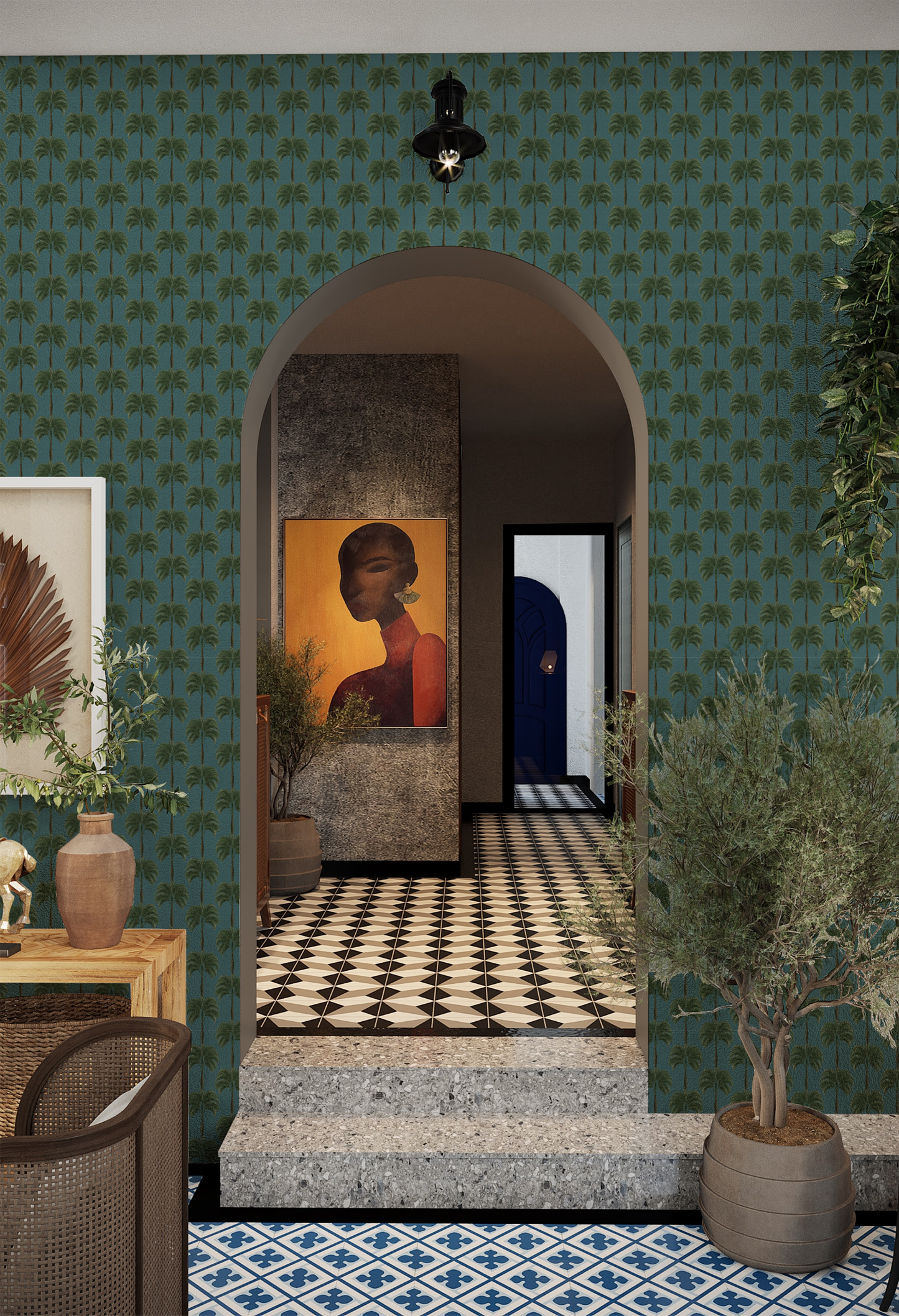 Little Palma Wallpaper from Deus ex Gardenia in Lagoon made of palm tree patten on blue background in a luxurious hotel lobby. Photo by My Nguyen.