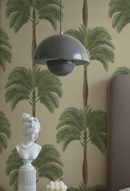 Modern luxury bedroom with hanging lamp and statue with painted Palm wallpaper of Palma in Sand from Deus ex Gardenia. Photo by Xie Yujie Nick.