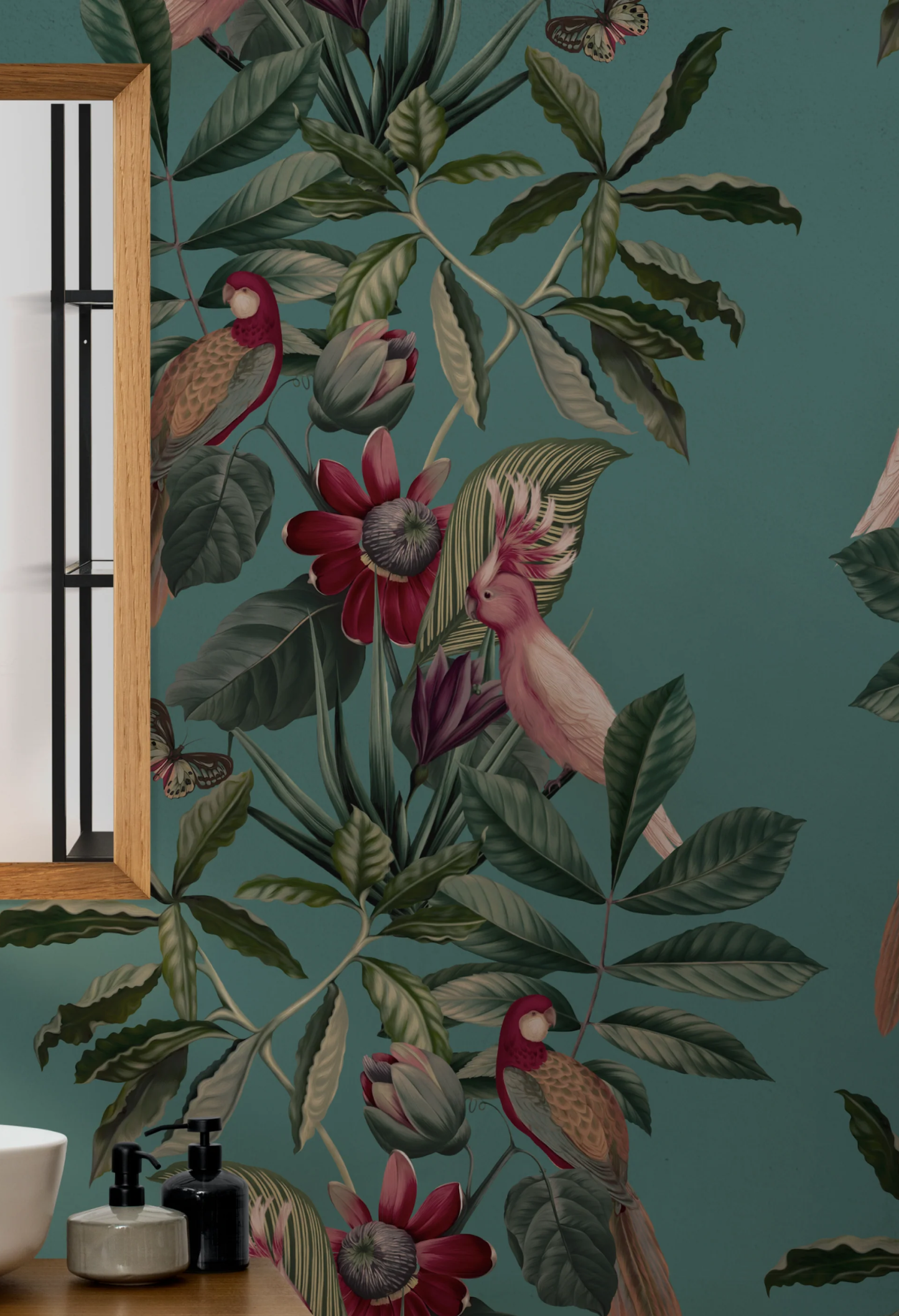 Modern bathroom with Deus Ex Gardenia's Passiflora in Vardo Superwide on a blue ground with tropical birds and flowers with a a canopy.