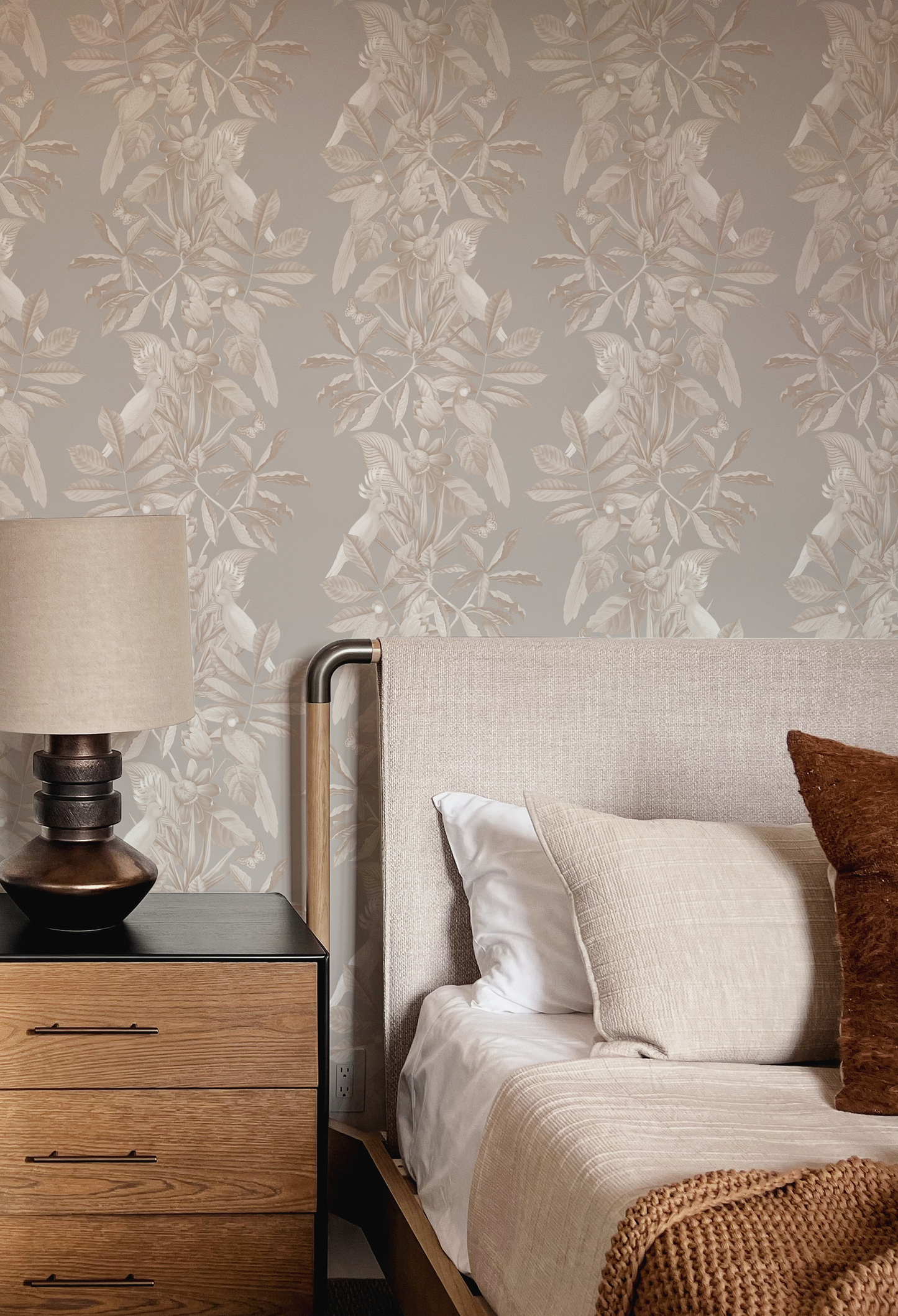 Deus ex Gardenia's Passiflora Ammonite grey wallpaper in a modern bohemian bedroom. Photo by MK-S.