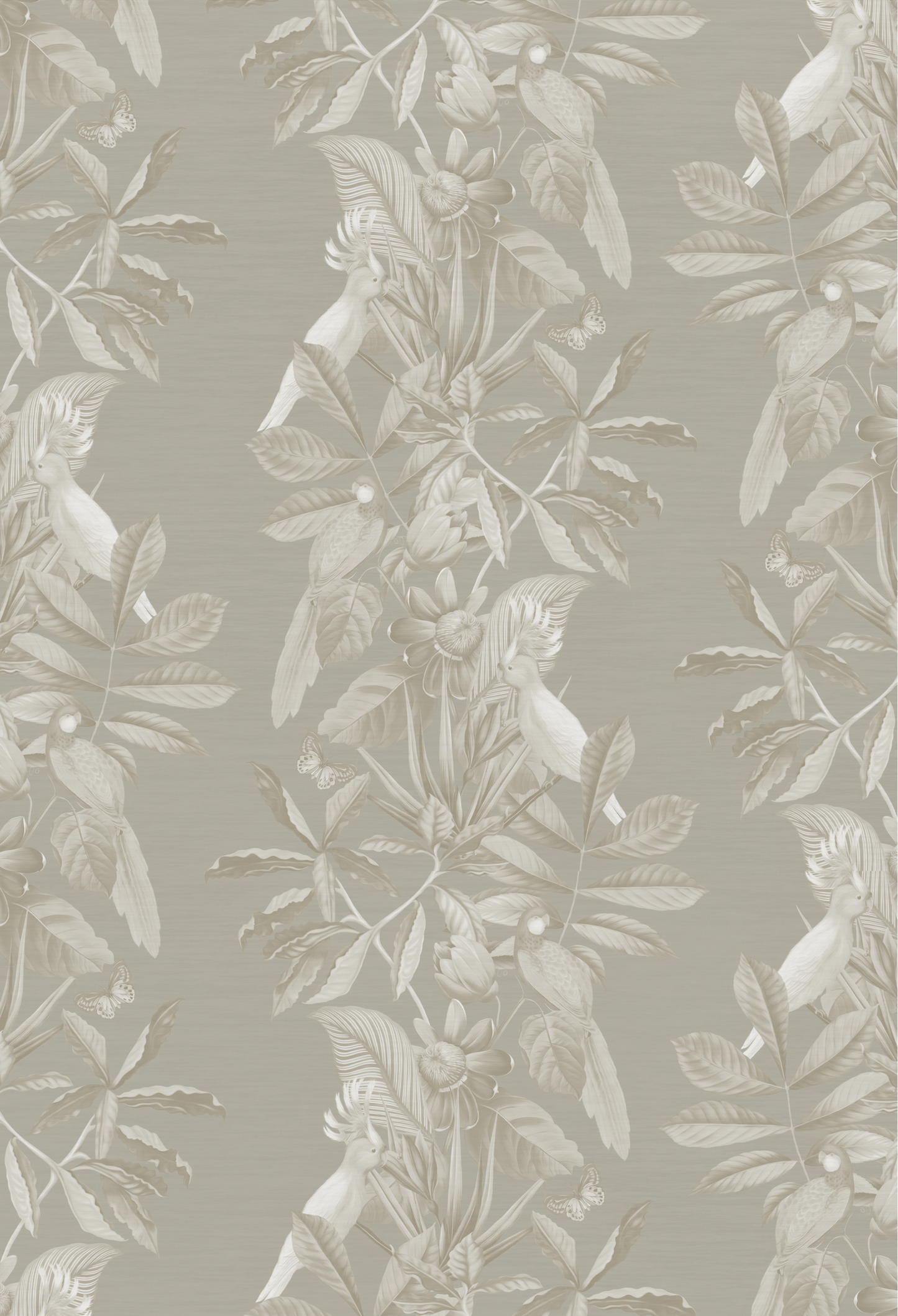 Patterned tropical luxurious wallpaper by Deus ex Gardenia of Passiflora in Ammonite grey of a tropical scene.