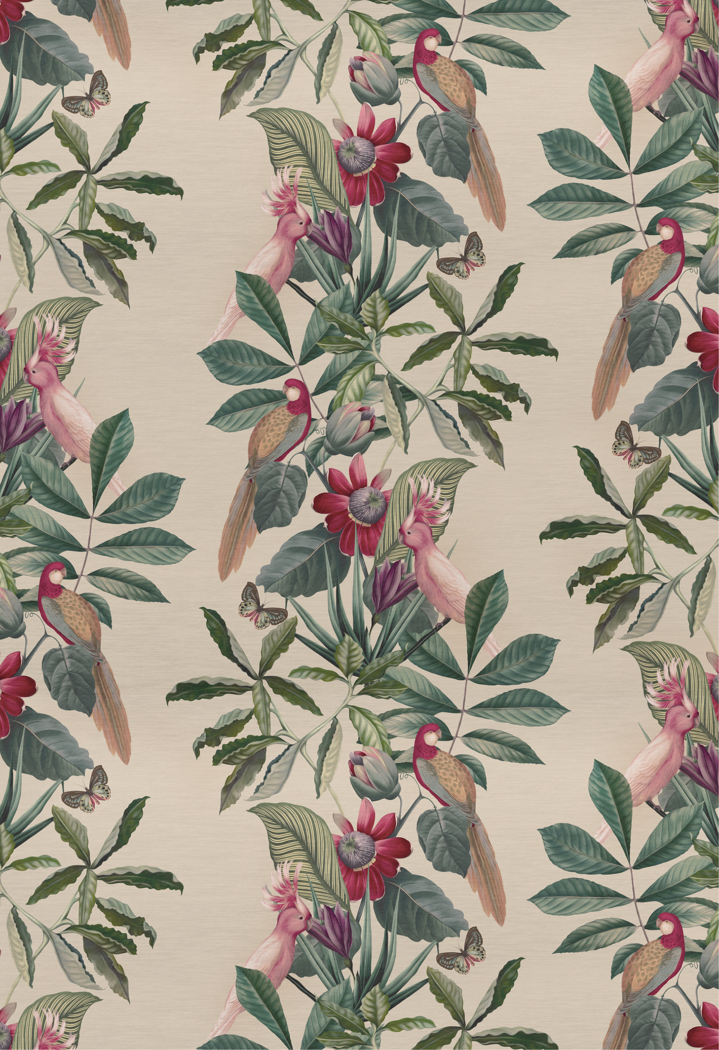 Tropical luxurious pattern of flowers, birds and butterflies from Deus ex Gardenia's Passiflora Wallpaper in Antique.