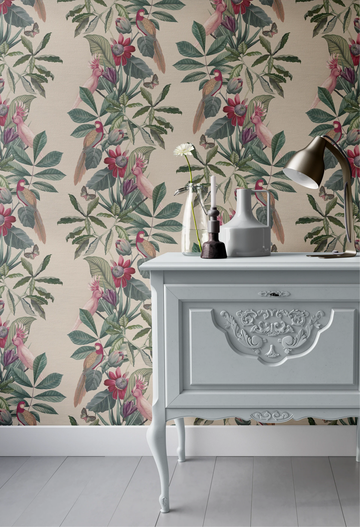 Tropical pattern in a modern room with a grey vintage cabinet and vases surrounded by Passiflora wallpaper in Antique by Deus ex Gardenia.
