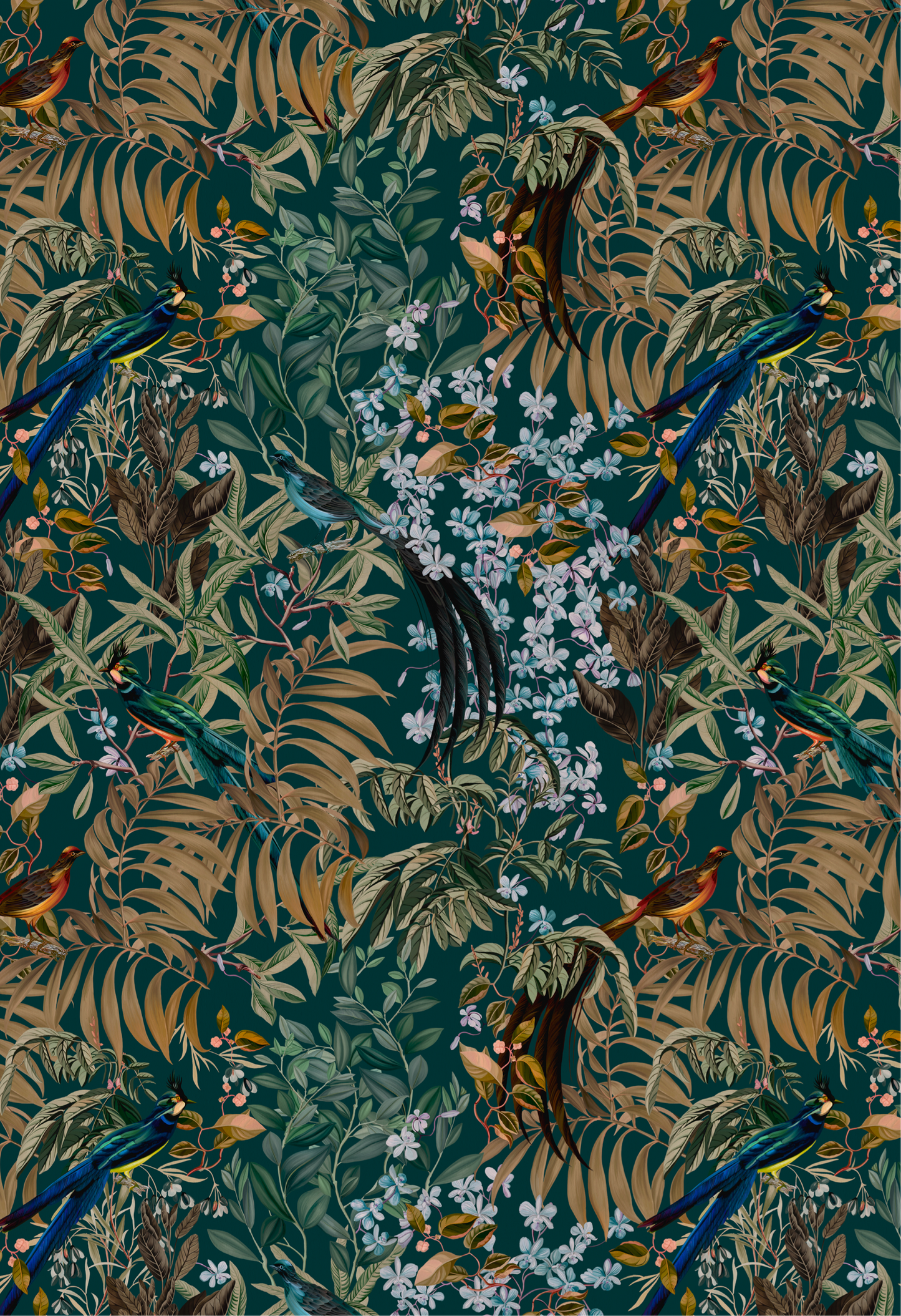 Botanical wallpaper of tropical birds and blue florals in a woodland with golden palms by Deus ex Gardenia of Resplendent Woods Wallpaper in Forest.