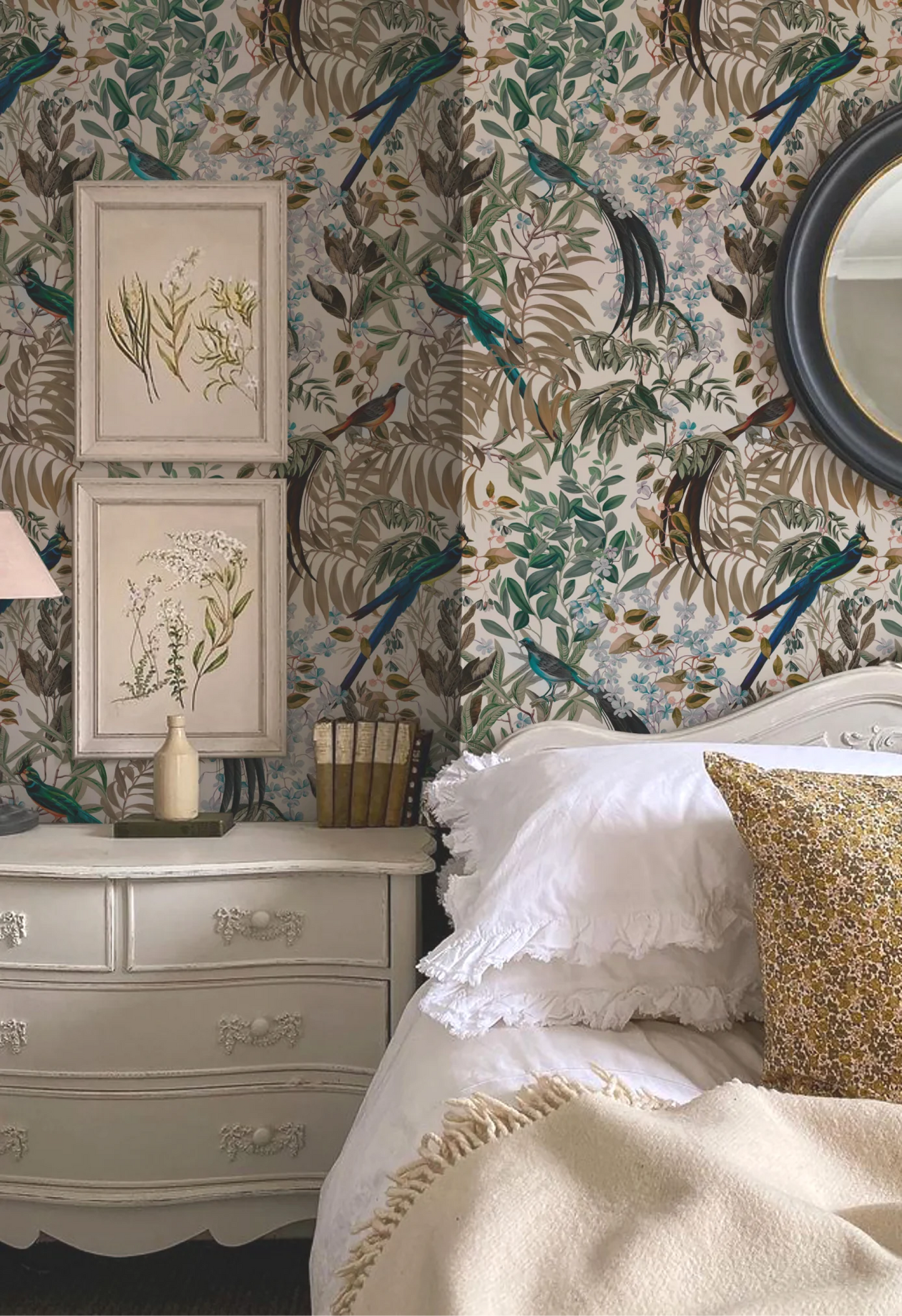 Rainforest Woodland illustration of birds and leafy florals from Deus ex Gardenia of Resplendent Woods Wallpaper in Shaded White. Photo by The Introverts Home.