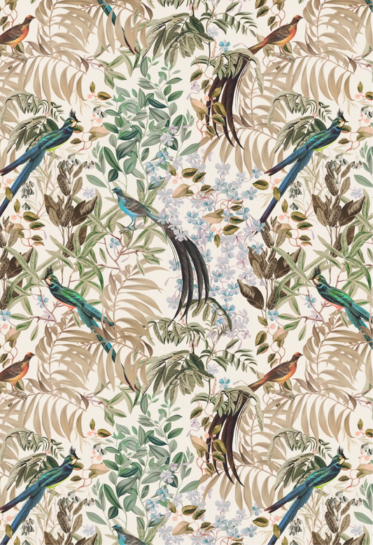 Tropical design with botanical birds in a wild forest with flowers by Deus ex Gardenia of Resplendent Woods Wallpaper in Shaded White.