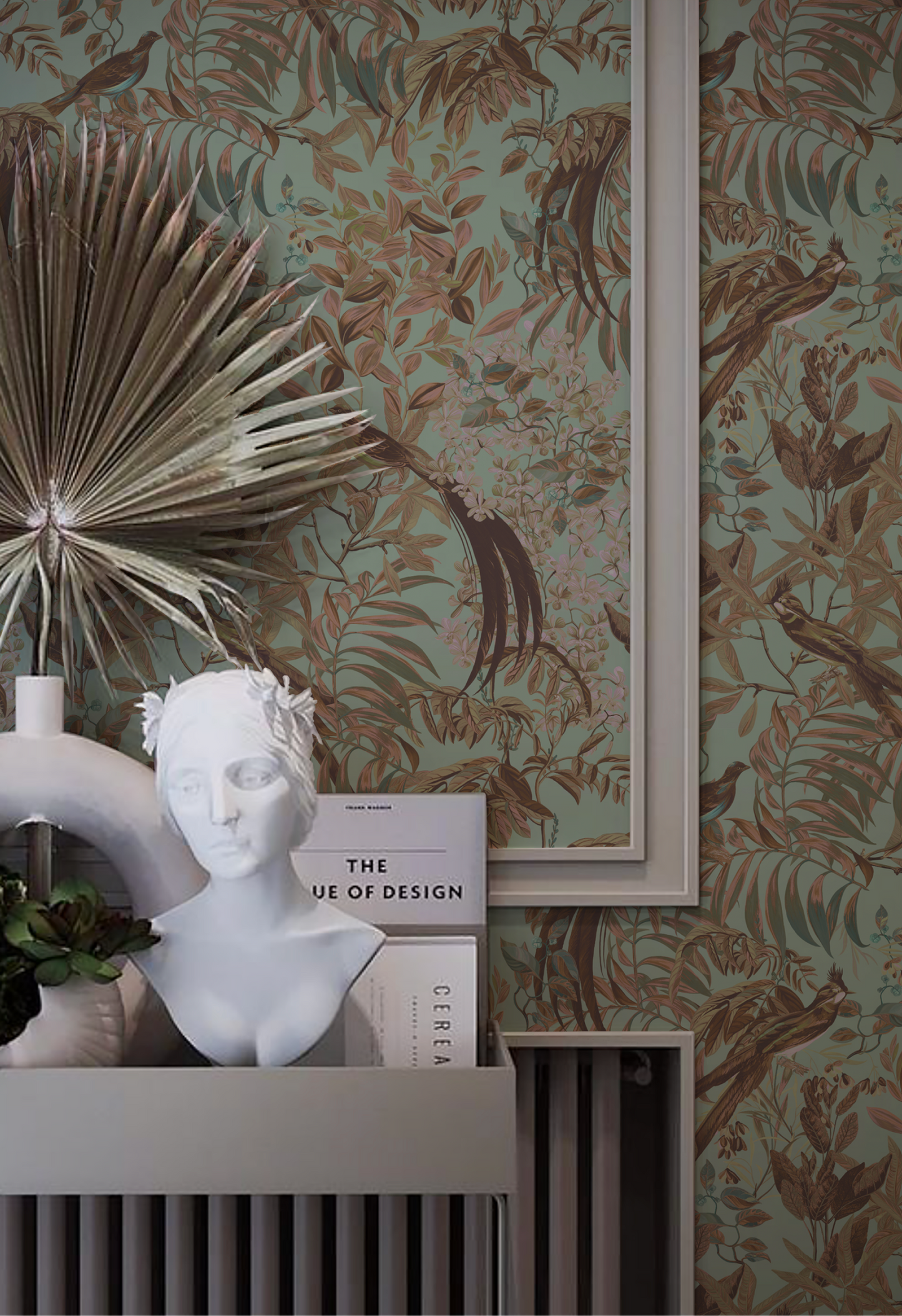 Modern luxury room with white sculpture surrounded by Deus ex Gardenia's painted Resplendent Woods Wallpaper in Teal. Photo by HDM2 Architects.