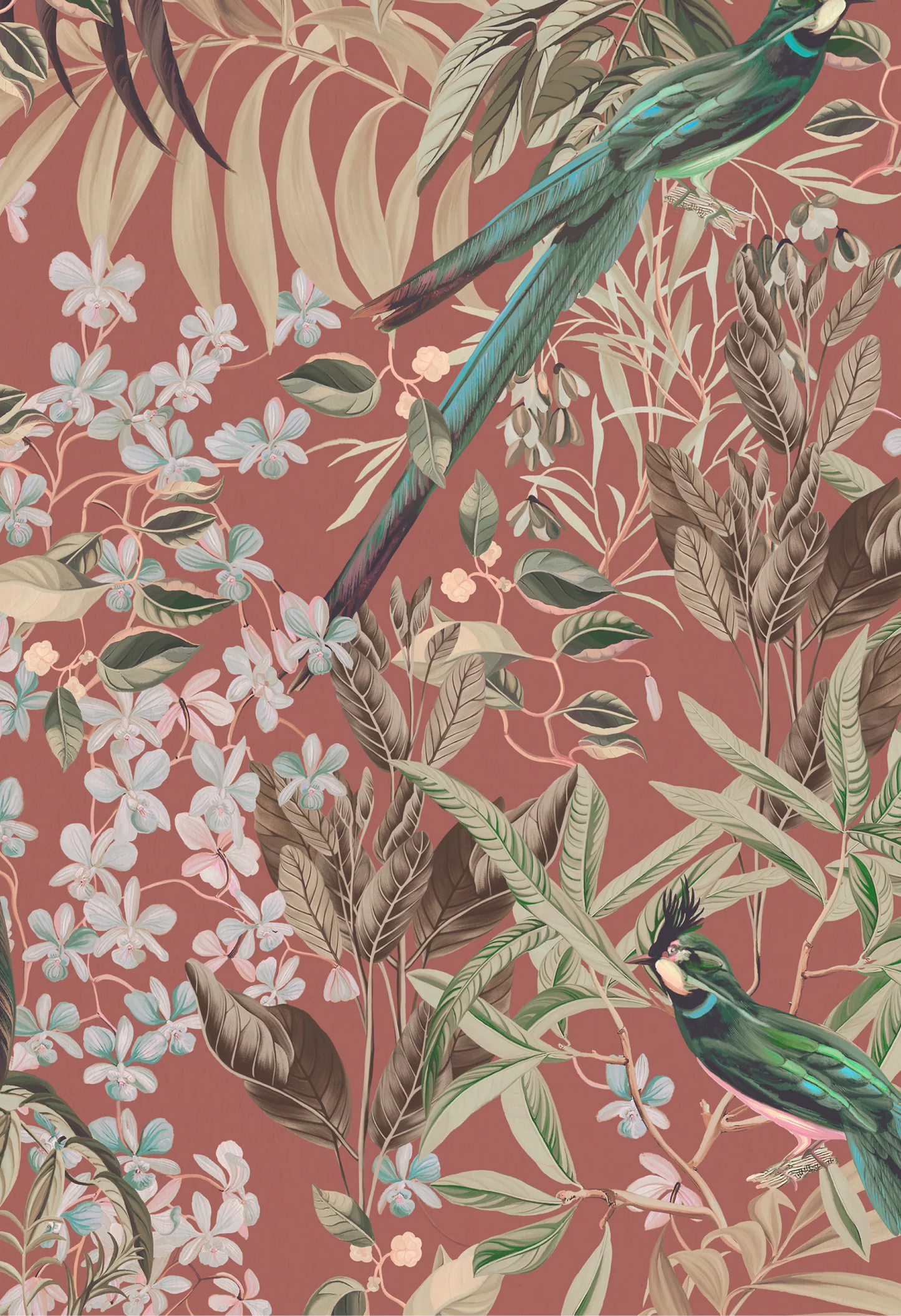 Botanical green tropical bird surrounded by leaves and florals from Deus ex Gardenia's Resplendent Woods Wallpaper in Terracotta.