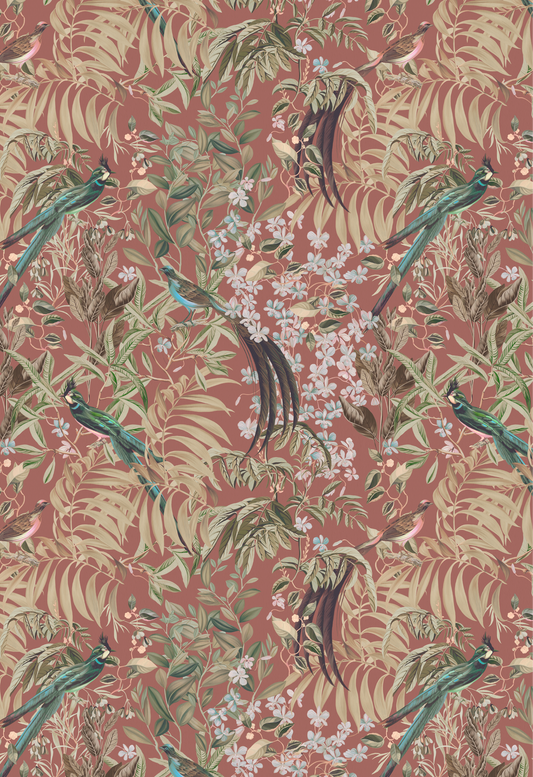 Leafy botanical vintage inspired birds from Deus ex Gardenia of Resplendent Woods Wallpaper in Terracotta.