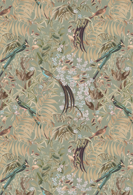 Botanical painted birds with orchids and leafy palms on light green background by Deus ex Gardenia of Resplendent Woods Wallpaper in Willow.