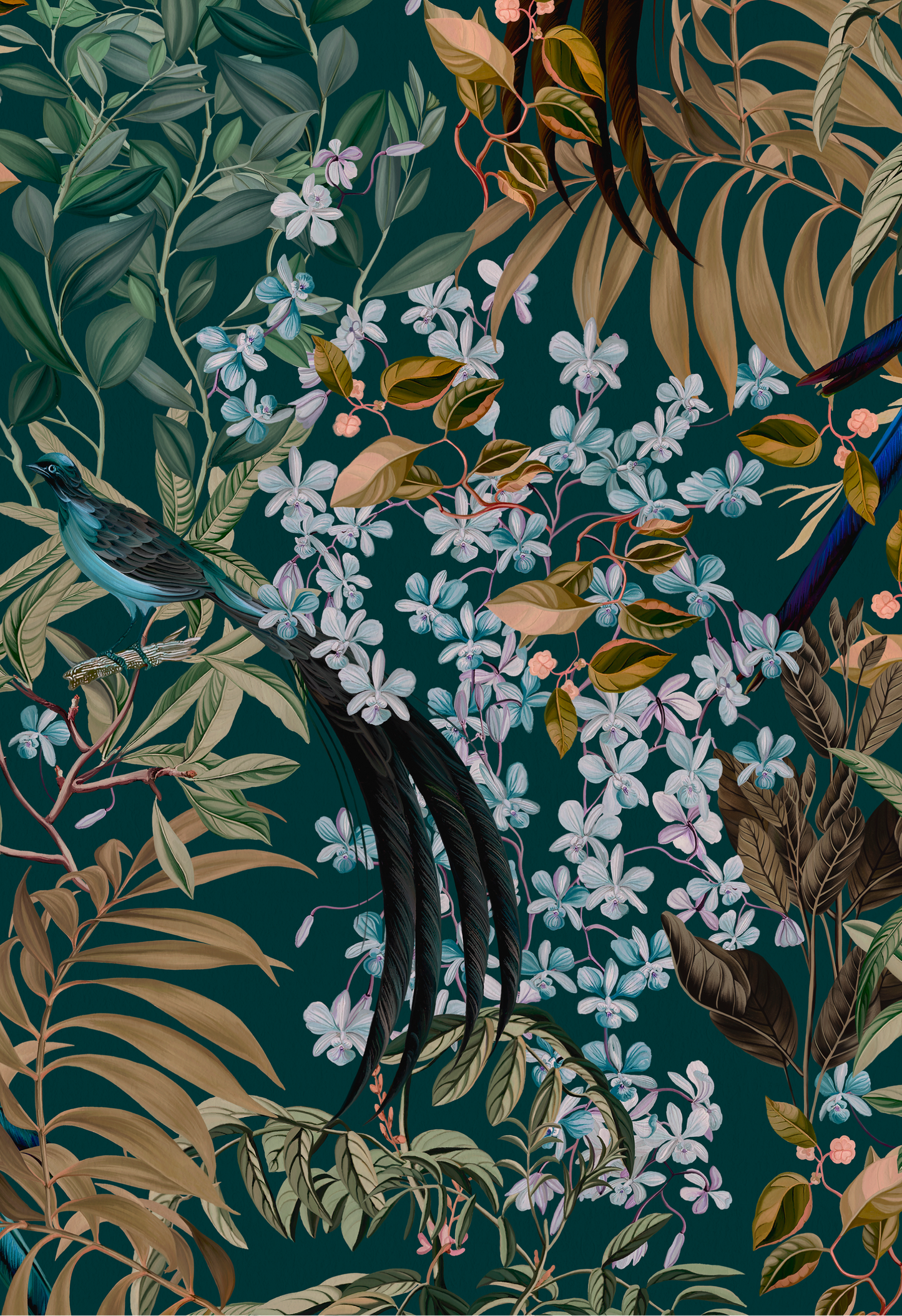 Large tropical bird with long tail and carping blue flowers and palms illustration by Deus ex Gardenia of Resplendent Woods Wallpaper in Forest.
