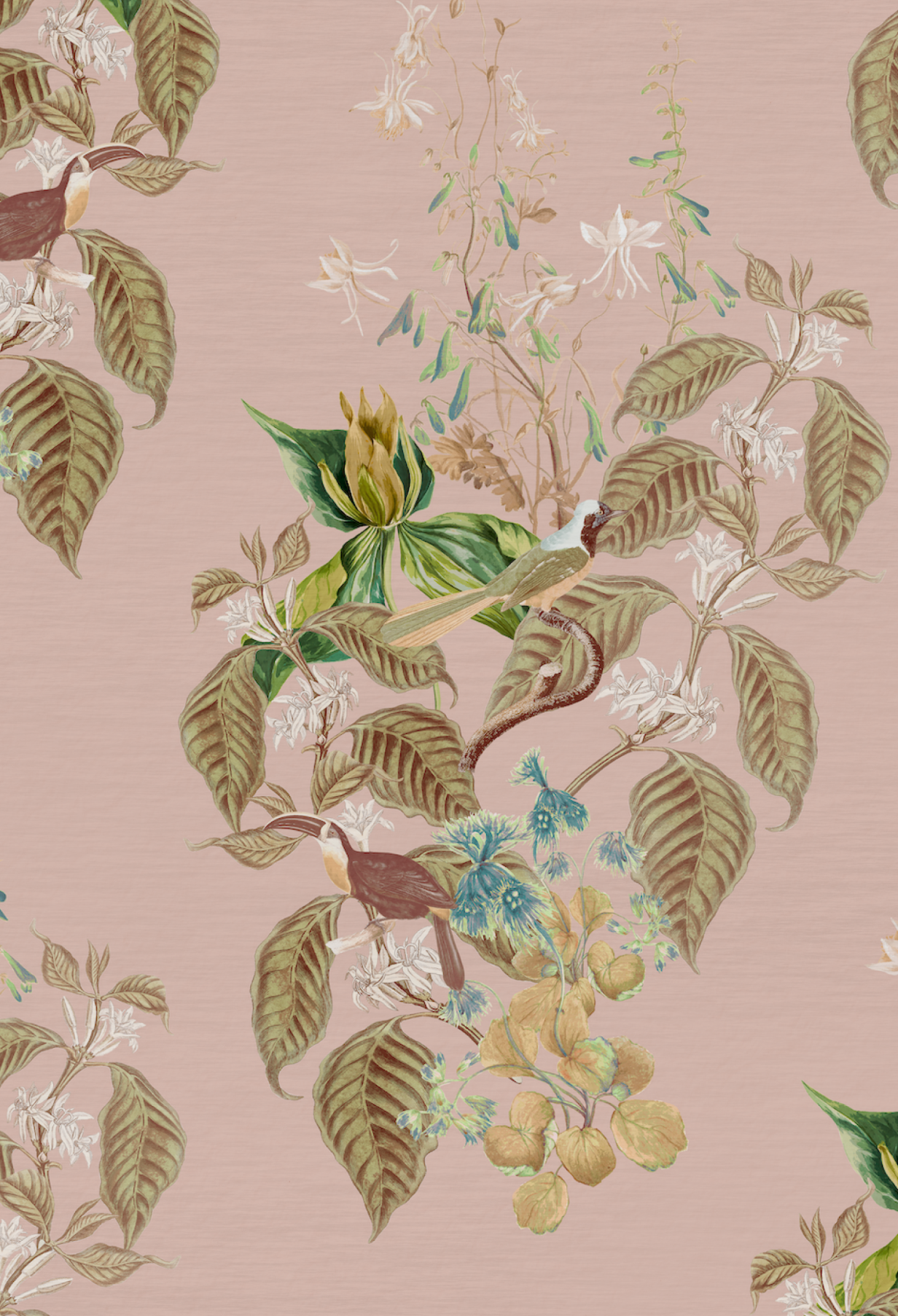 Aviary Isle in Cinder Rose luxurious wallpaper by Deus ex Gardenia with a bird and flowers on it.