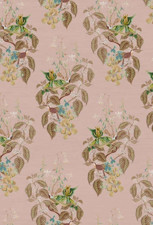 Luxury Aviary Isle Wallpaper in Cinder Rose Pink from Deus ex Gardenia with birds and flowers.