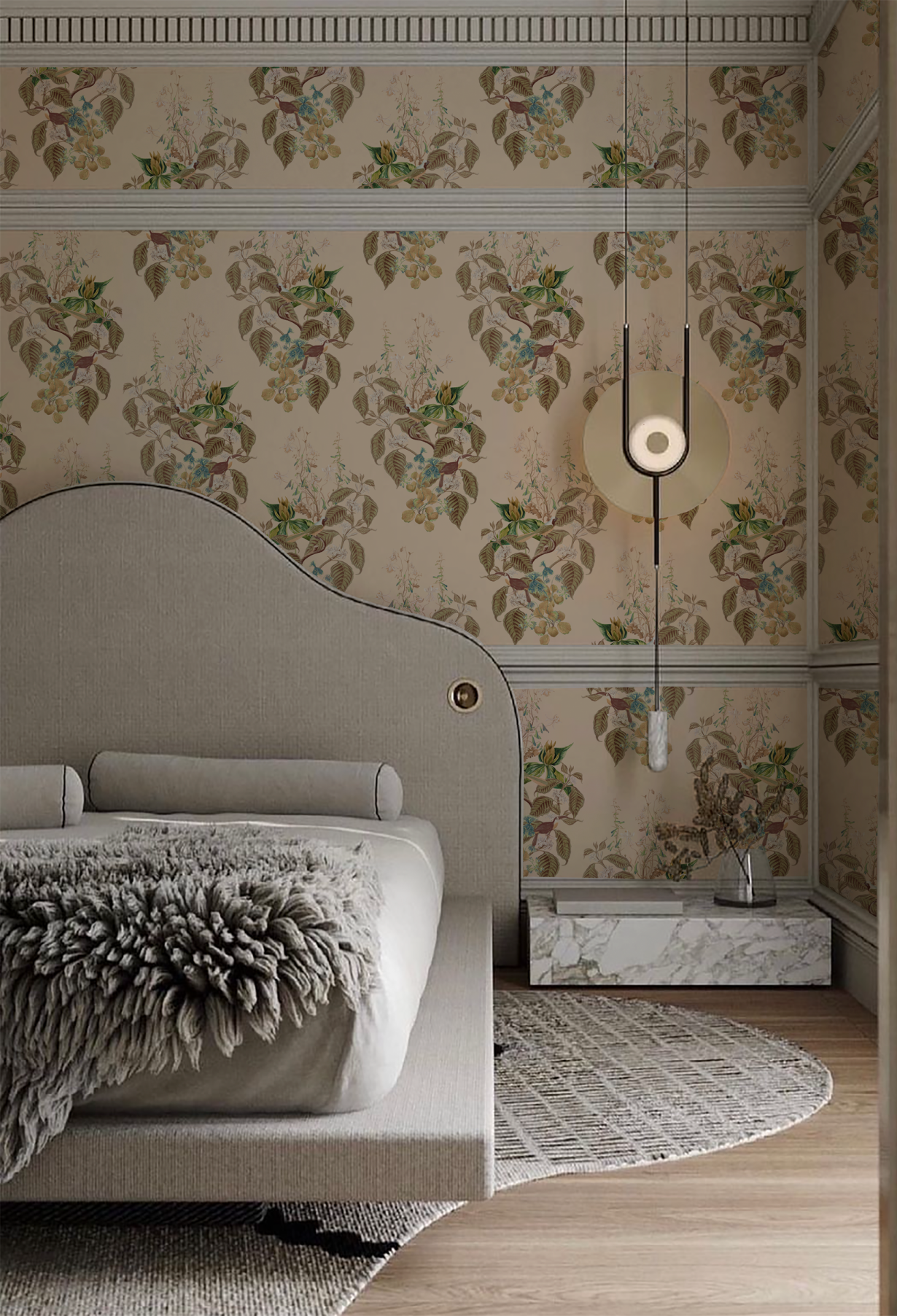 A luxurious bedroom with botanical-inspired plush Deus ex Gardenia's Aviary Isle Wallpaper in Ecru.