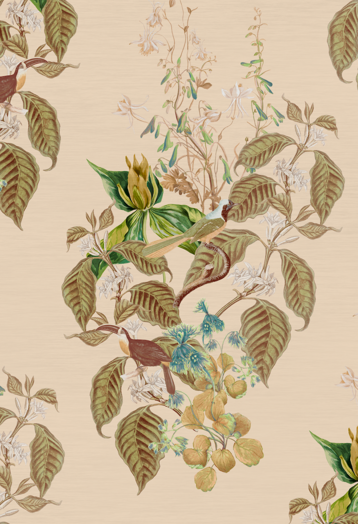 A Deus ex Gardenia luxury Wallpaper with a bird perched on a botanical branch in Ecru.