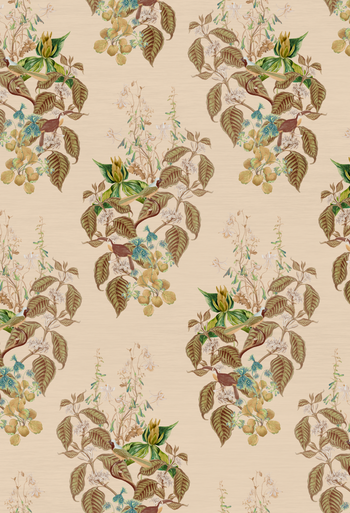 A luxury Deus ex Gardenia Aviary Isle Wallpaper in Ecru with birds, flowers and leaves.