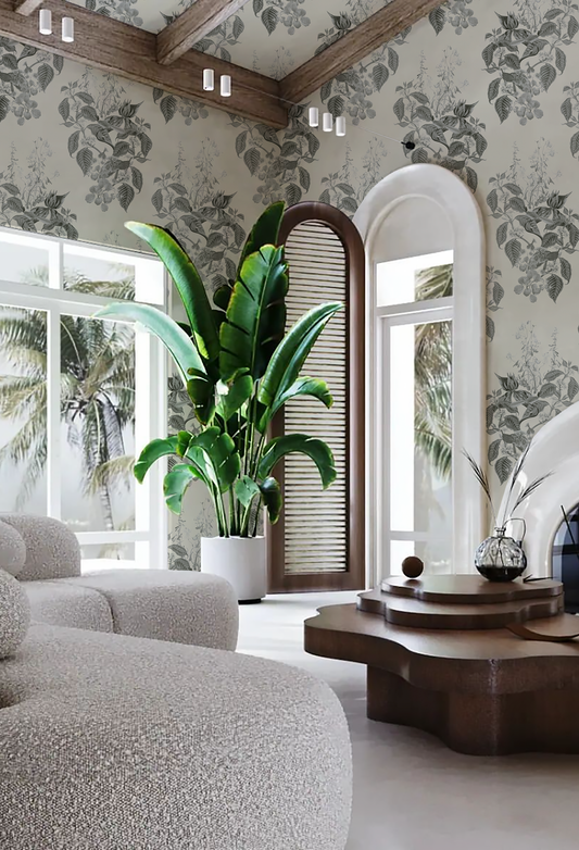 Grey luxury modern living room with plant featuring the Aviary Isle wallpaper in French Gray by Deus ex Gardenia. Photo by HDM2 Architects.