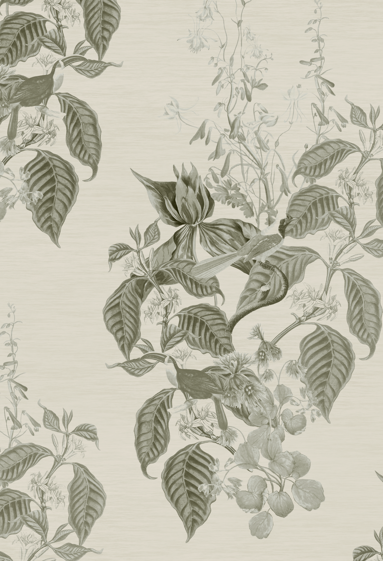 Grey birds with flowers and leaves featuring the Aviary Isle Walllpaper in French Gray by Deus ex Gardenia.