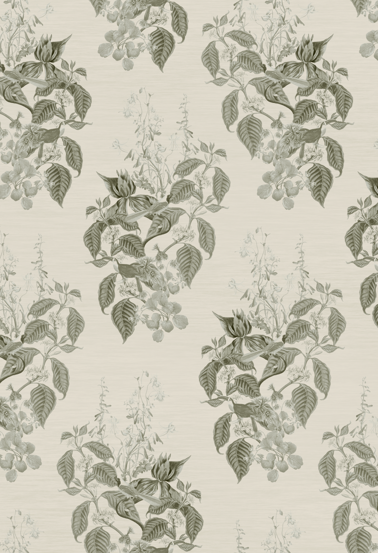 Grey aviary Isle wallpaper with a bird and floral pattern in French Gray by Deus ex Gardenia.