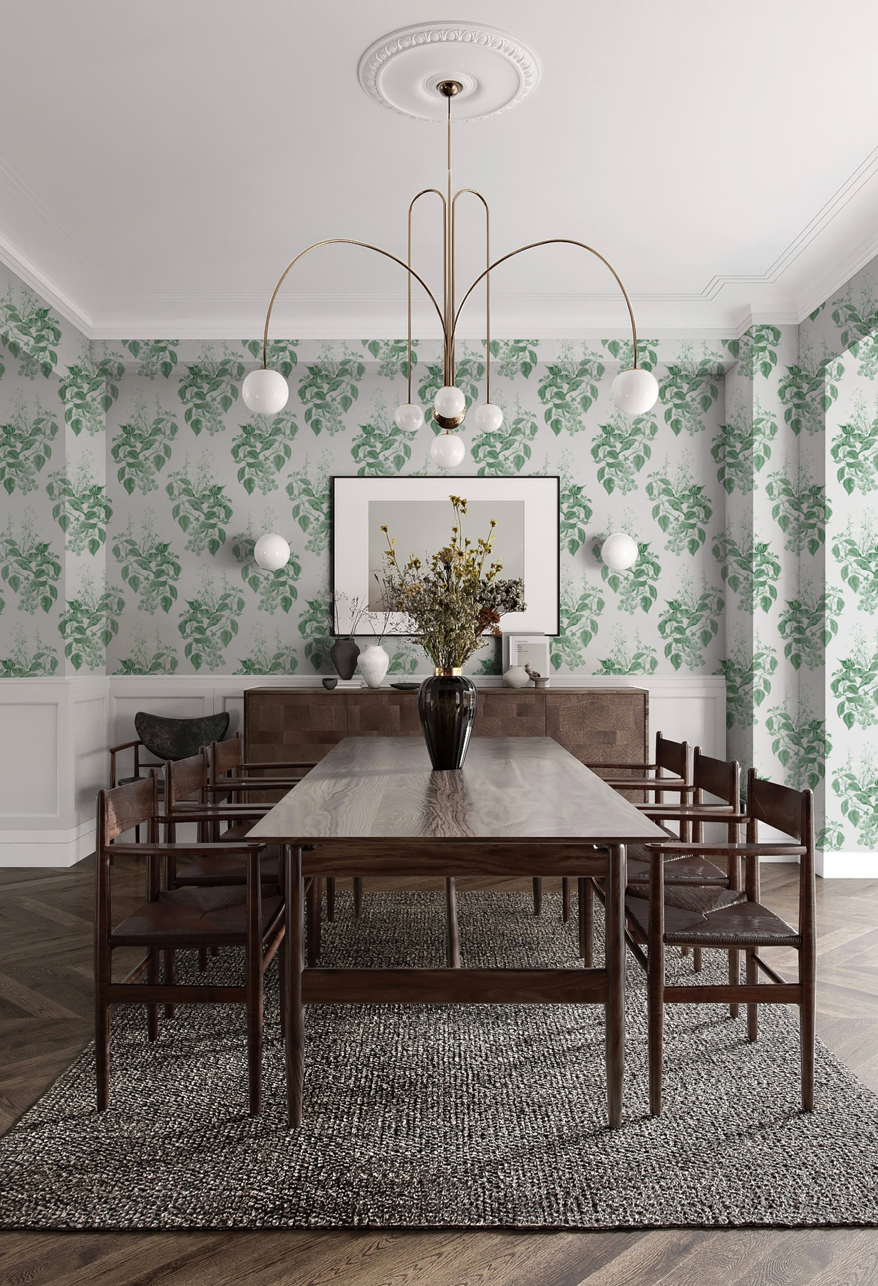 A luxury dining room with a Deus ex Gardenia Aviary Wallpaper in Leaf Green and a wooden table and chairs. Photo by Elizaveta Ivanova.
