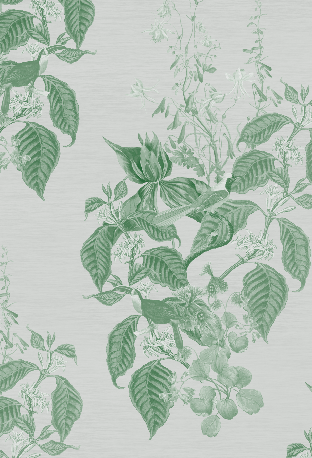 Green illustration of botanical birds in a meadow by Deus ex Gardenia Aviary Isle wallpaper in Leaf.