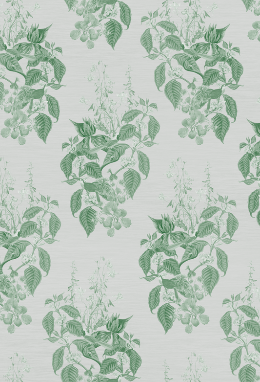 A green Aviary Isle patterned wallpaper of tropical birds and plants by Deus ex Gardenia in Leaf.