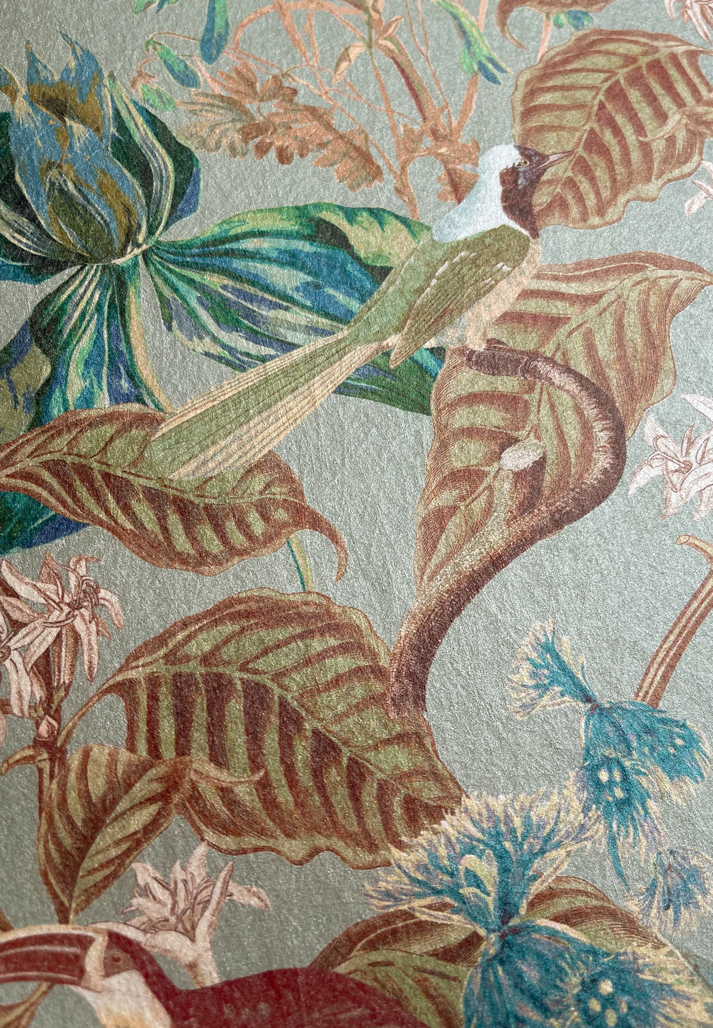 Textured botanical Aviary Isle Wallpaper in Skylight blue from Deus ex Gardenia.