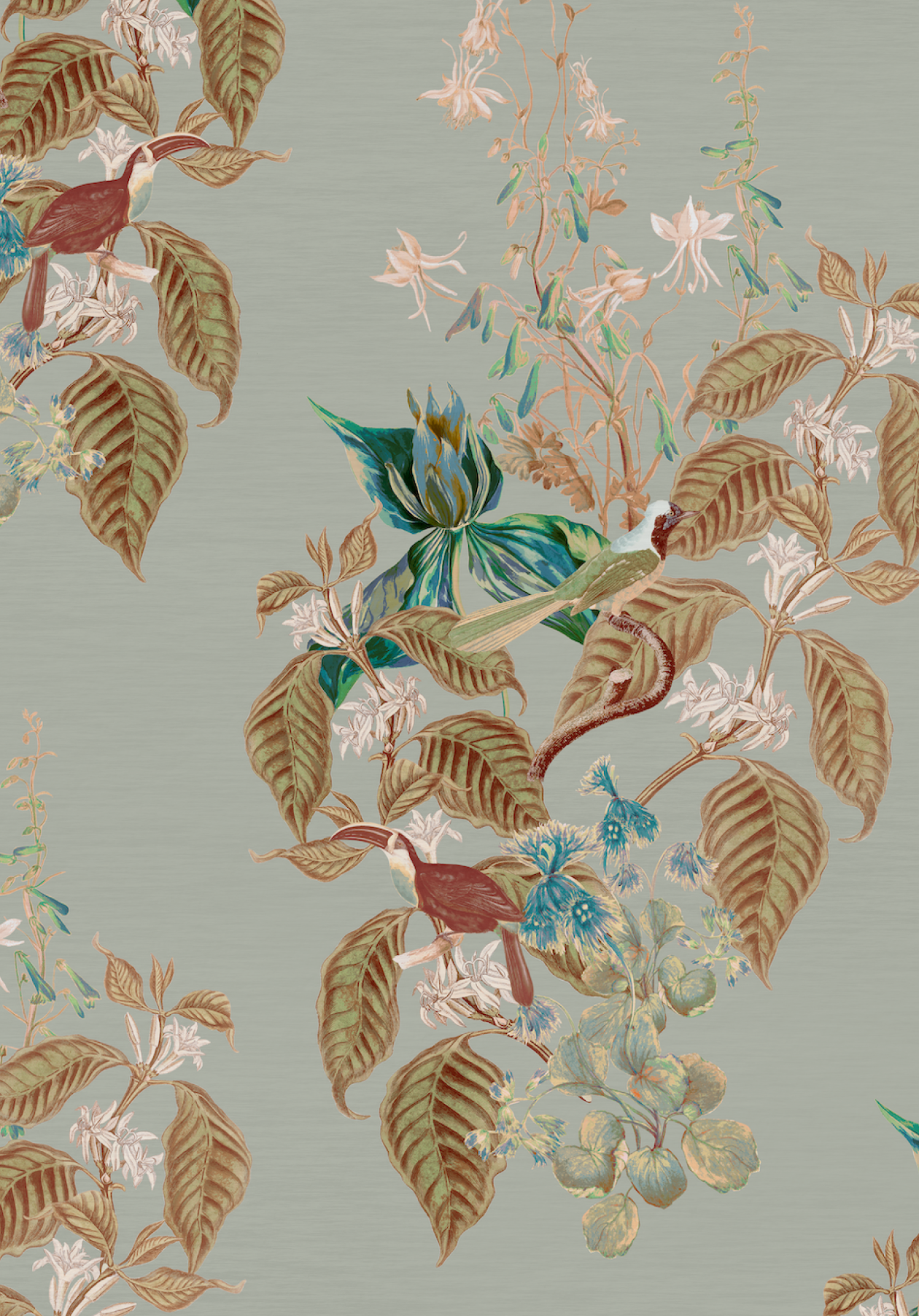 Blue Aviary Isle Wallpaper in Skylight by Deus ex Gardenia with birds and flowers.
