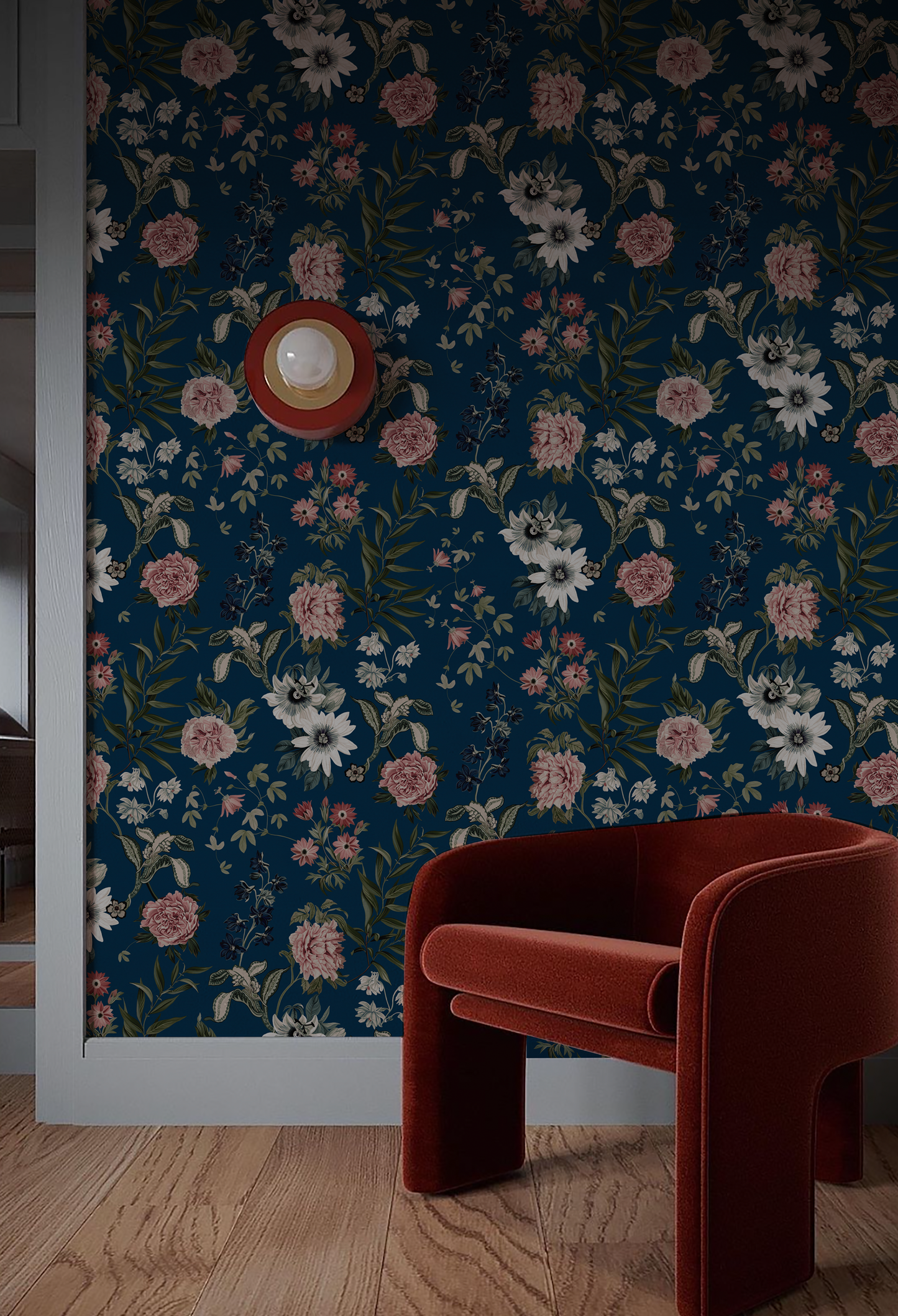 Room with red chair and lamp with Deus ex Gardenia's Beechcroft Garden Wallpaper in Azure. Photo by HDM2 Architects.