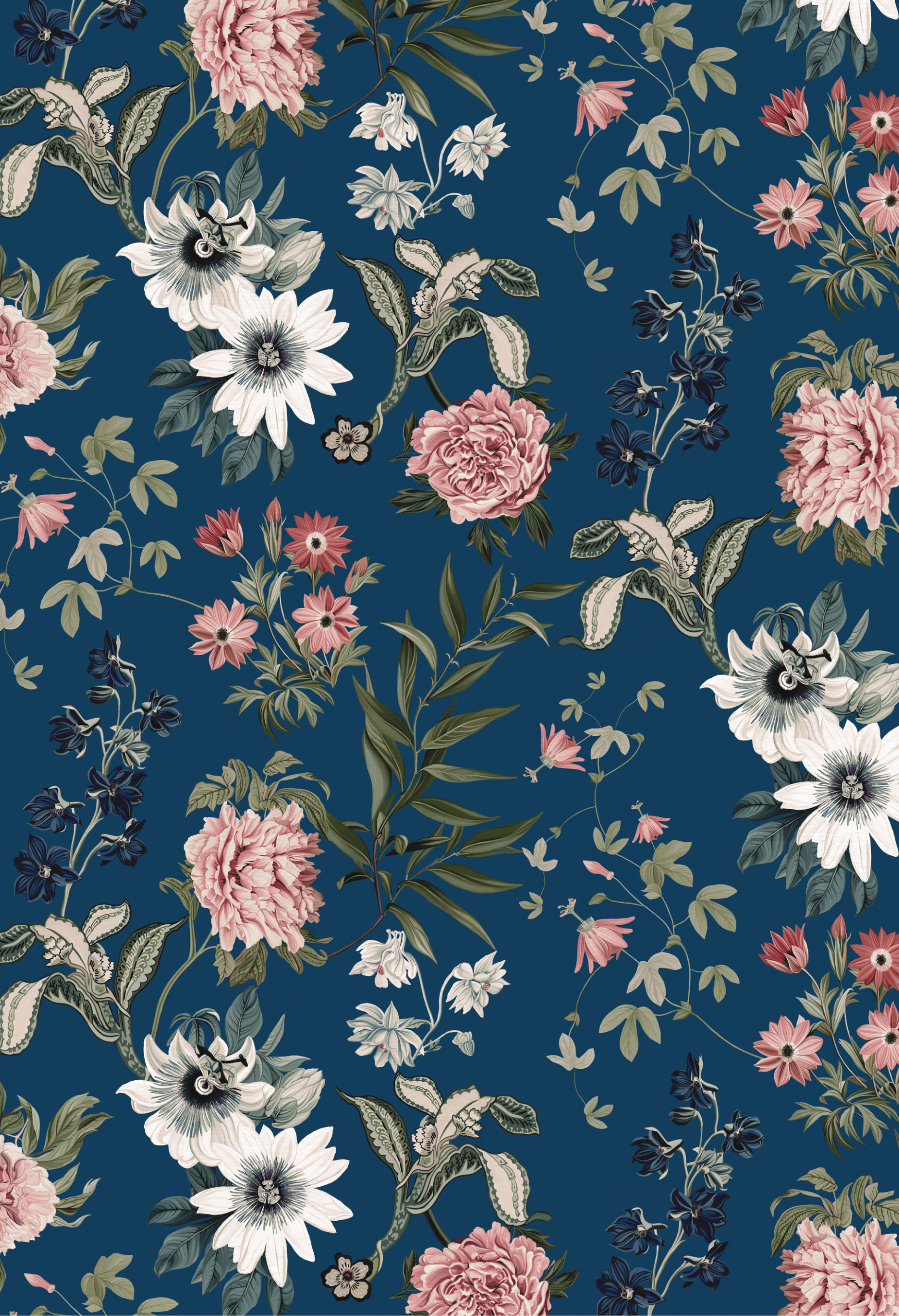 Floral Patterned blue botanical Wallpaper by Deus ex Gardenia of Beechcroft Garden Wallpaper in Azure.