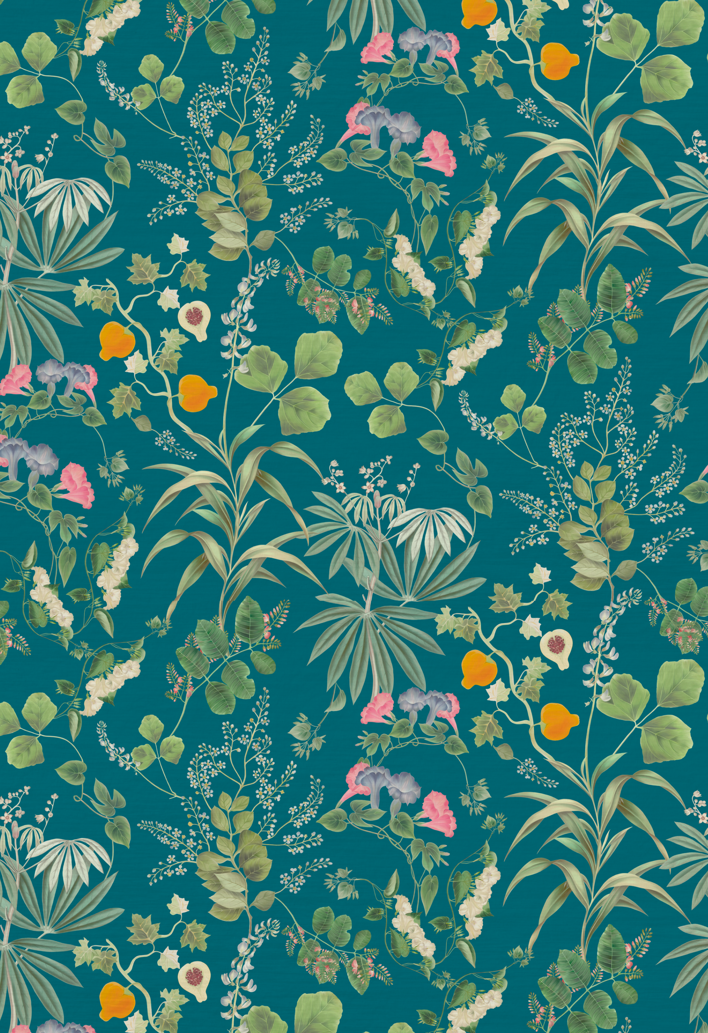 A green botanical pattern of florals, fruit and green sprigs from Deus ex Gardenia of Eden in Cornflower Blue.