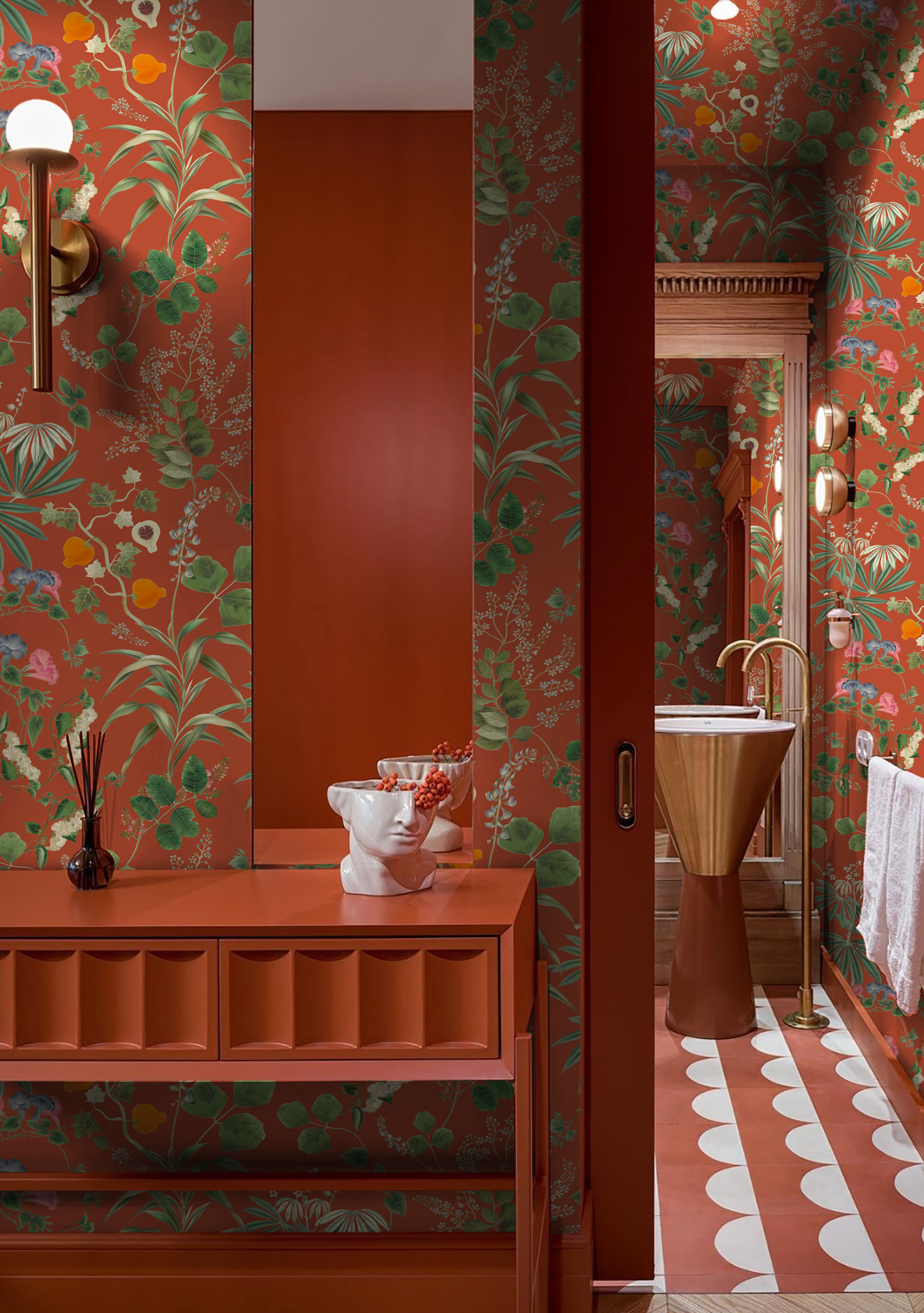 Luxury bathroom with modern sink surrounded by Orange Eden Wallpaper in Marigold from Deus ex Gardenia, Photo by HDM2 Architects.