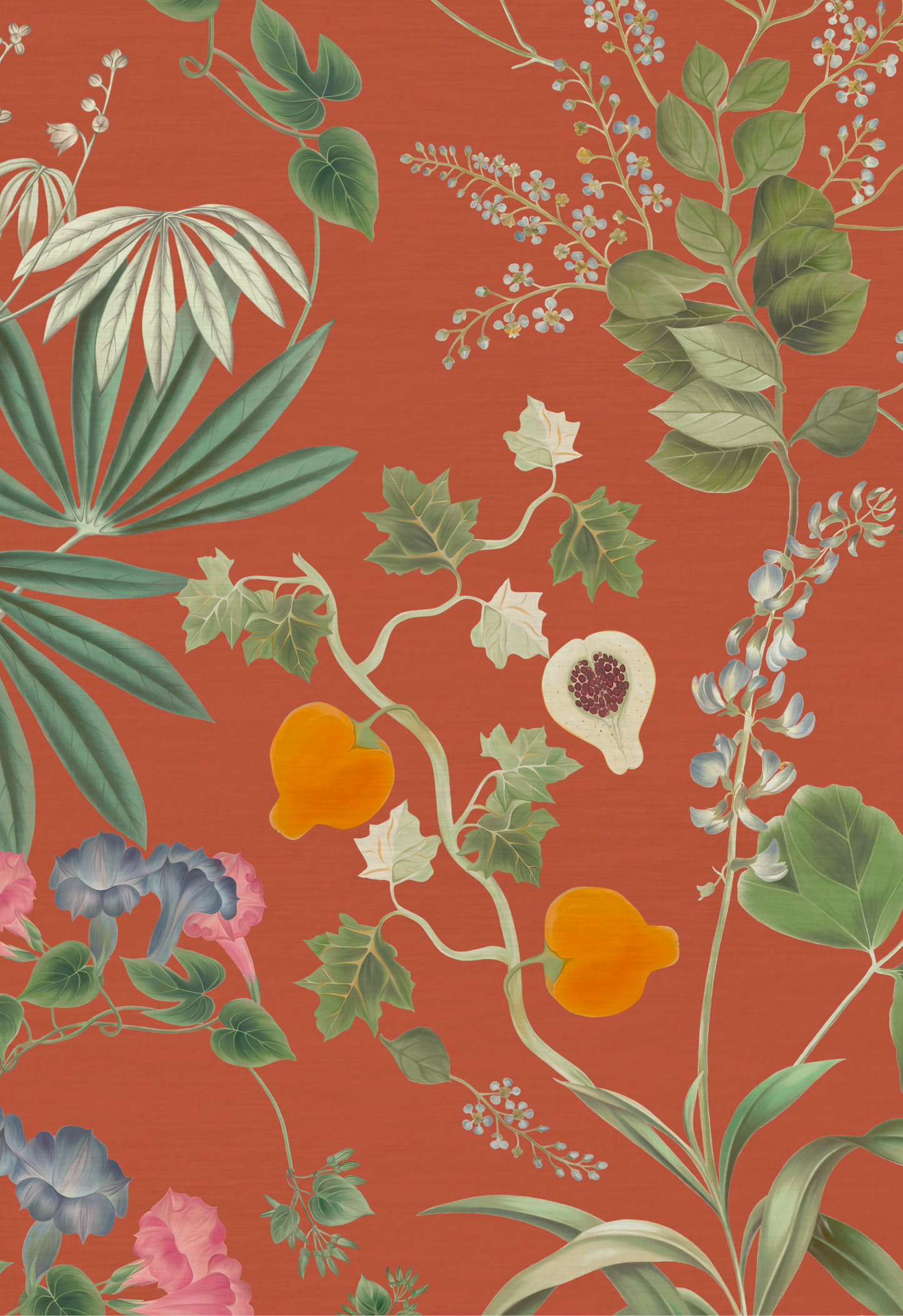 Vintage inspired florals and fruit on orange ground of Deus ex Gardenia's Eden Wallpaper in Marigold.