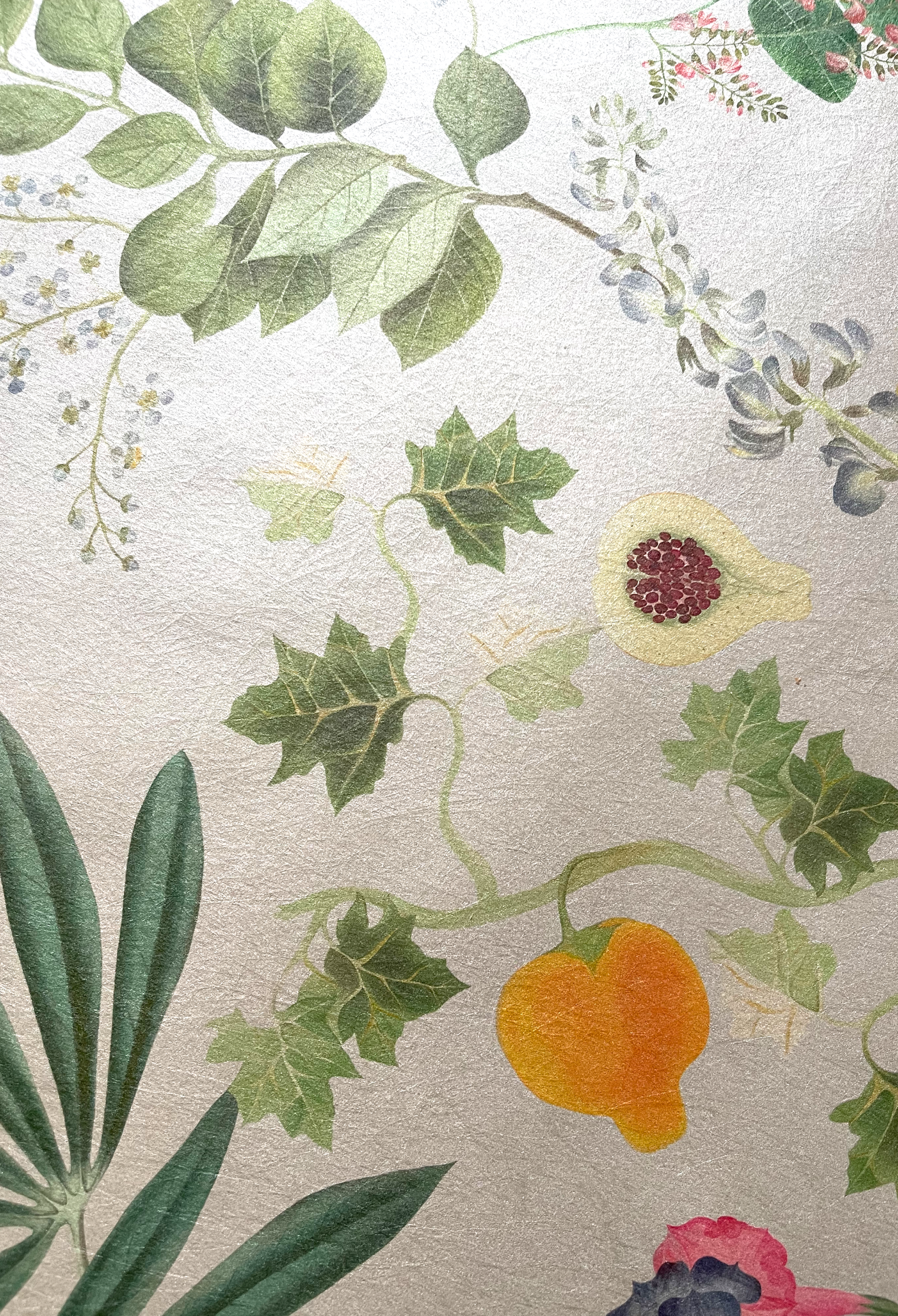 Botanical fruit and leaves of Deus ex Gardenia's Luxury Eden Wallpaper in Meadow.