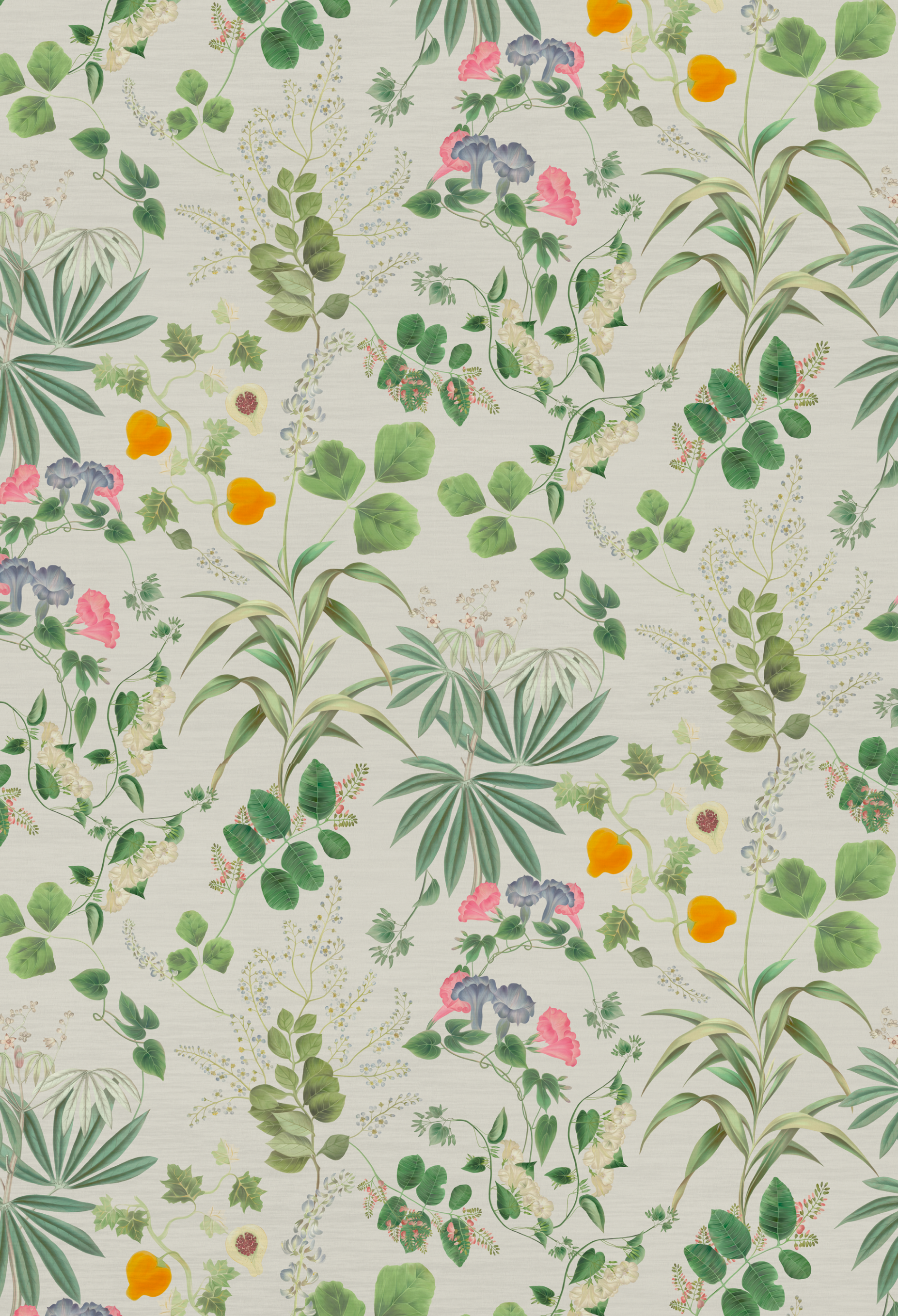 Green sprigs surrounded by floral fruit Eden Wallpaper on White Meadow Ground by Deus ex Gardenia.