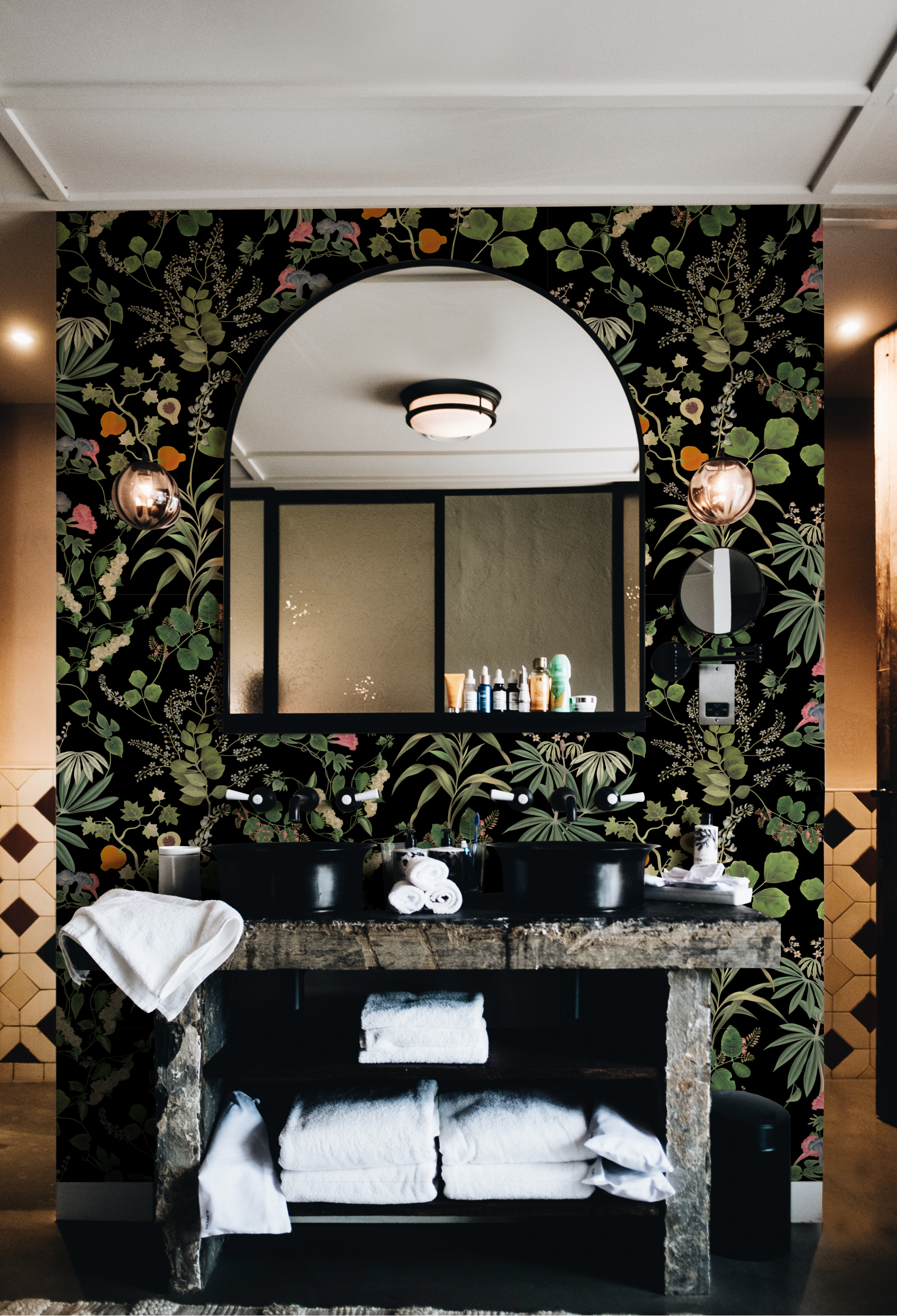 Modern Luxury Bathroom with black floral botanical Wallpaper of Eden in Night from Deus ex Gardenia. Photo by Adison Clark.